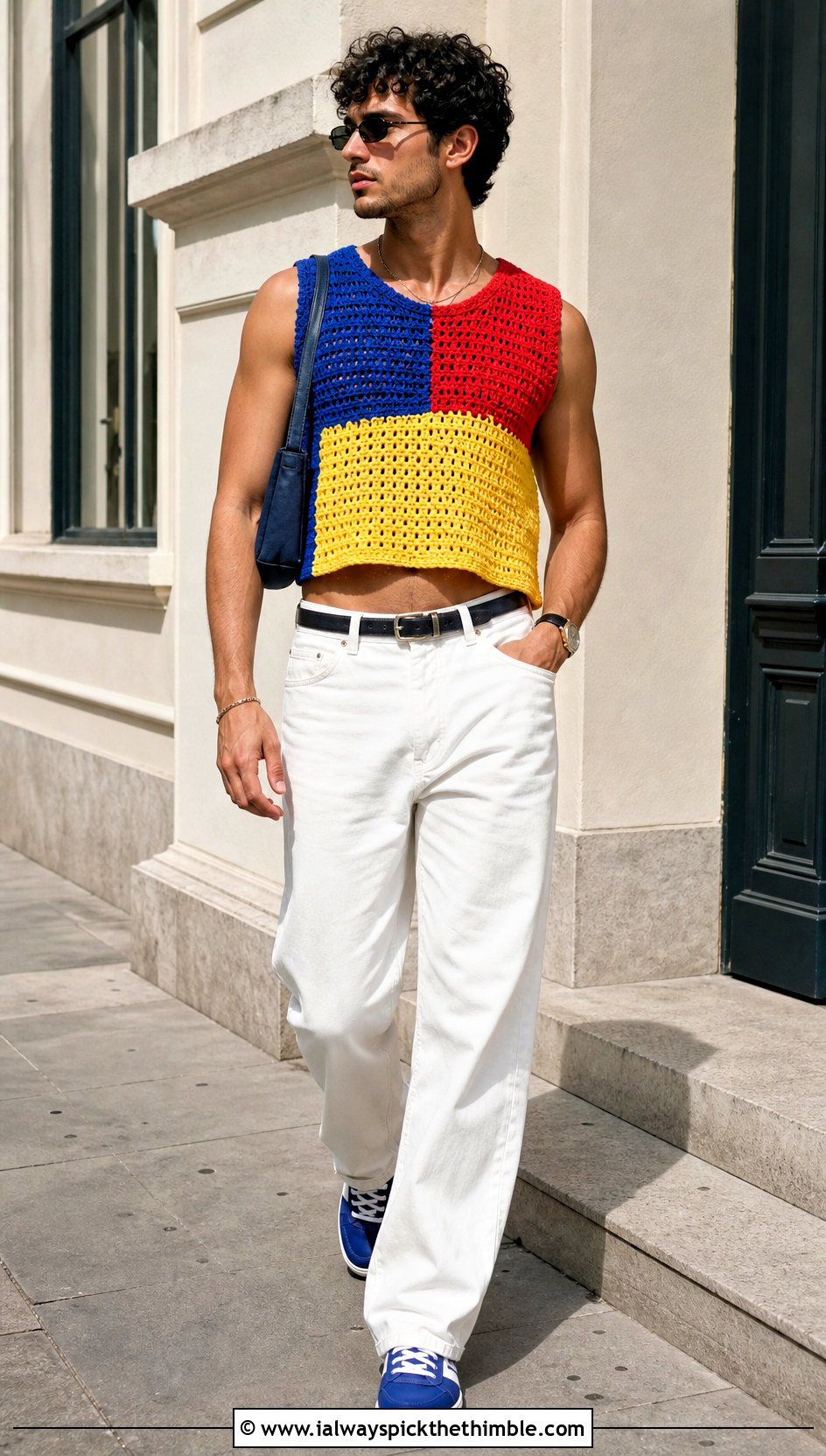 Mens Color Block Crochet Crop Top With White Jeans - 20 Men Crochet Crop Top outfit ideas