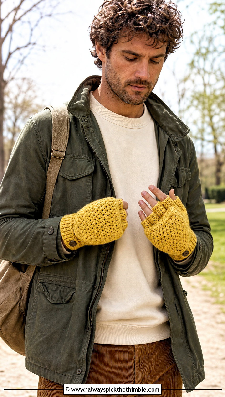 Mens Convertible Crochet Mitten Gloves With Field Jacket - 20 men's crochet gloves outfit ideas