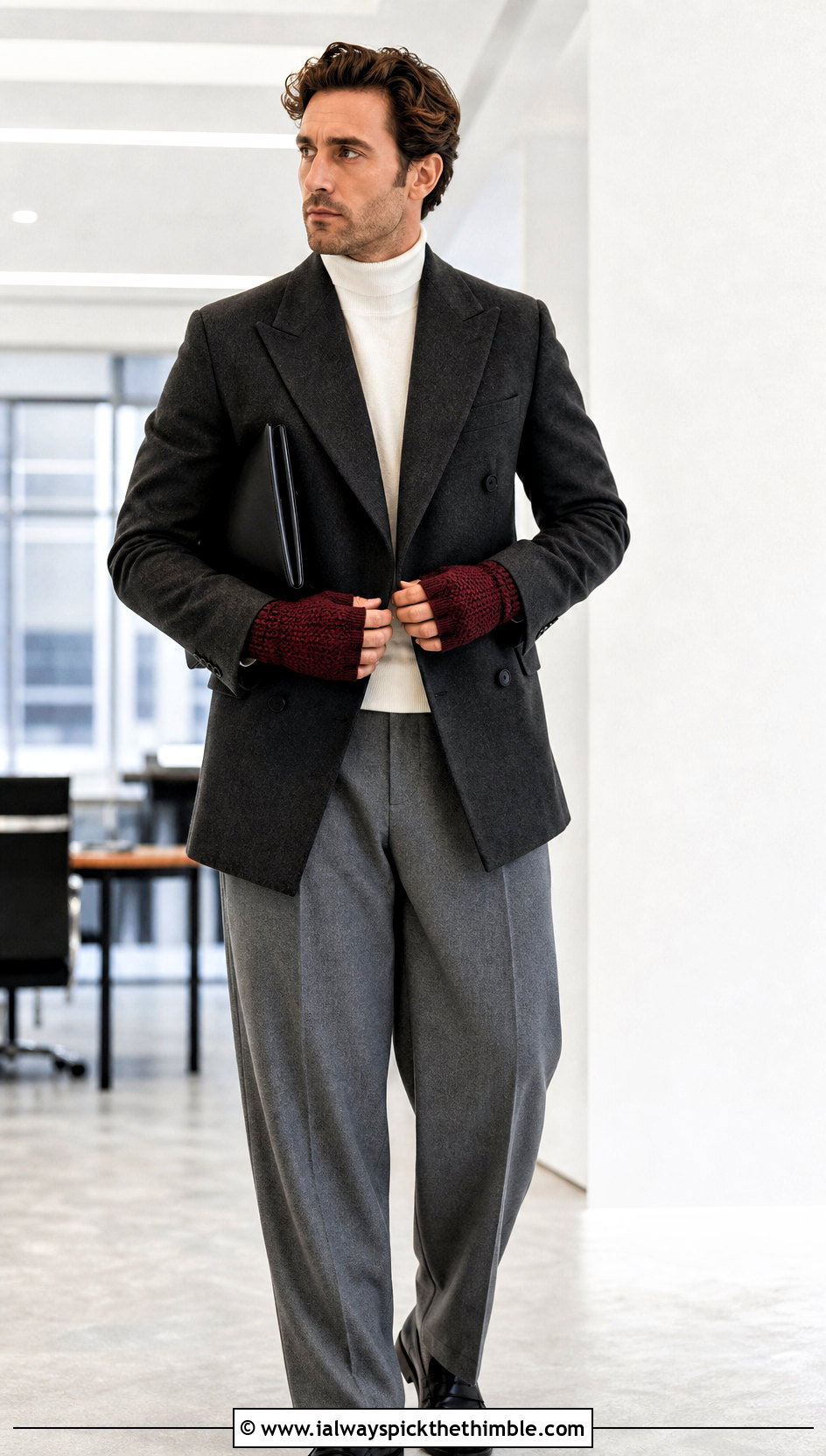 Mens Crochet Wrist Warmer Gloves With Double Breasted Blazer - 20 men's crochet gloves outfit ideas