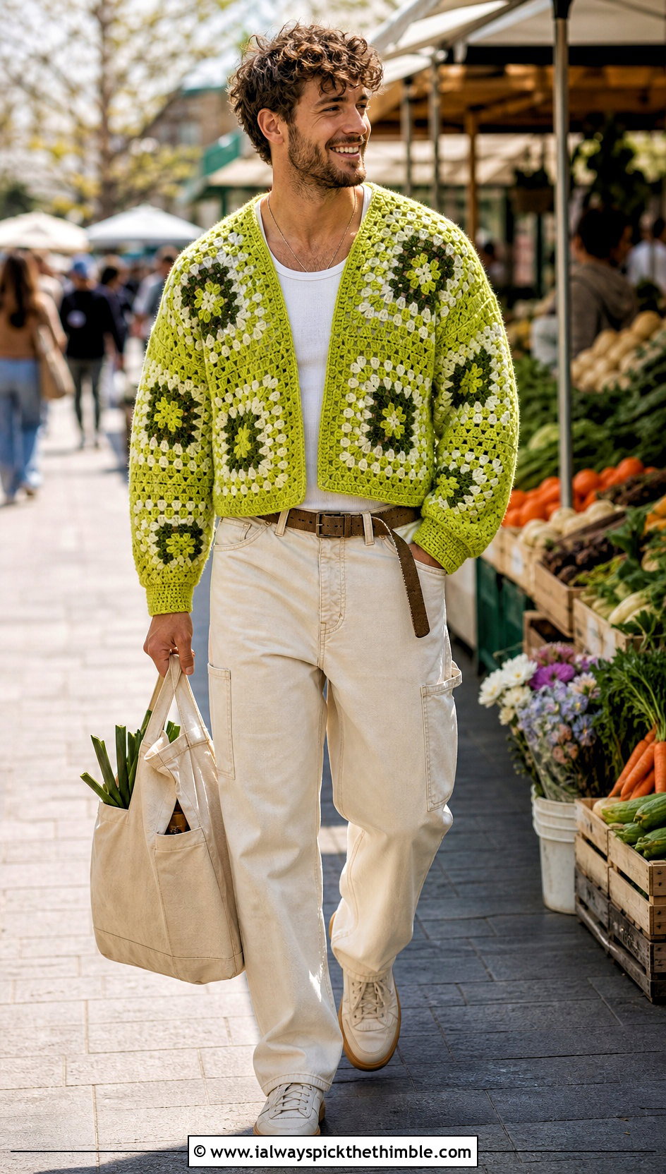 Mens Cropped Granny Square Sweater With Carpenter Jeans - 20 Mens Granny Square Sweater outfit ideas