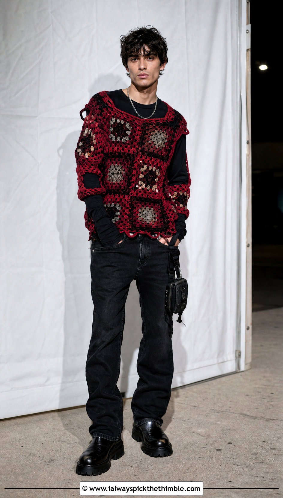 Mens Distressed Granny Square Sweater With Black Jeans - 20 Mens Granny Square Sweater outfit ideas
