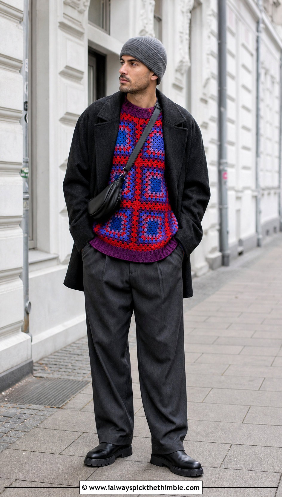 Mens Drop Shoulder Granny Square Sweater With Wool Coat - 20 Mens Granny Square Sweater outfit ideas