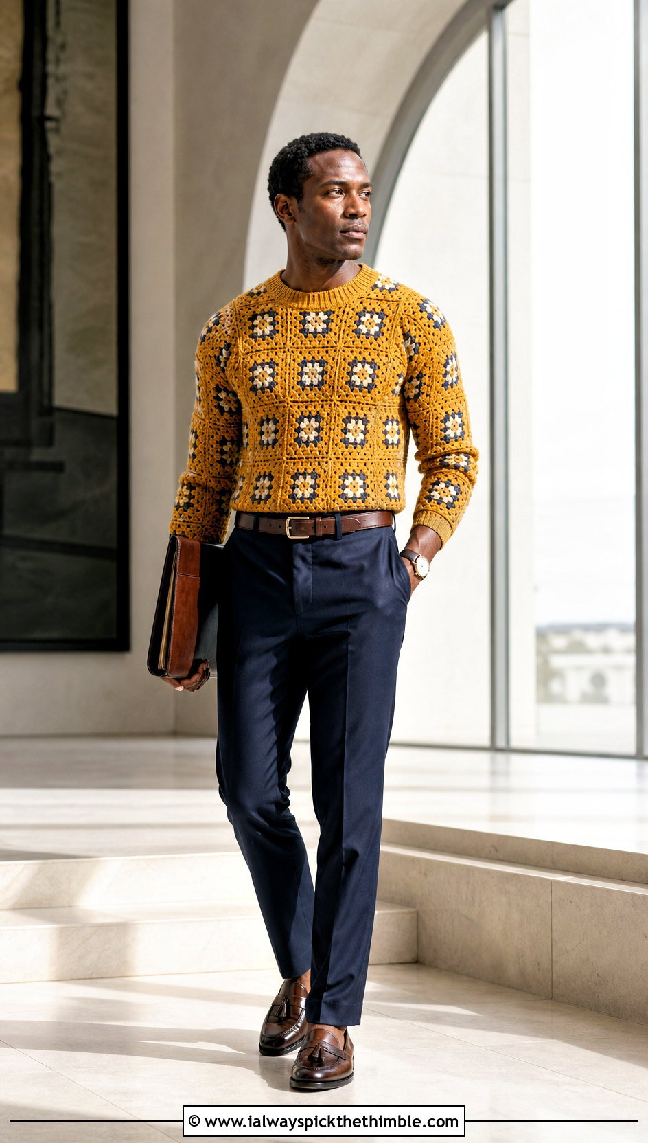 Mens Fitted Granny Square Sweater With Dress Trousers - 20 Mens Granny Square Sweater outfit ideas