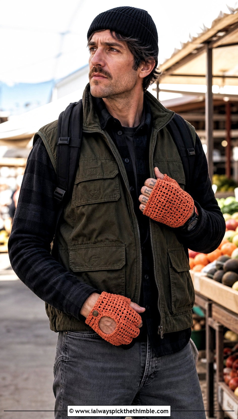 Mens Flip Top Crochet Gloves With Utility Vest - 20 men's crochet gloves outfit ideas