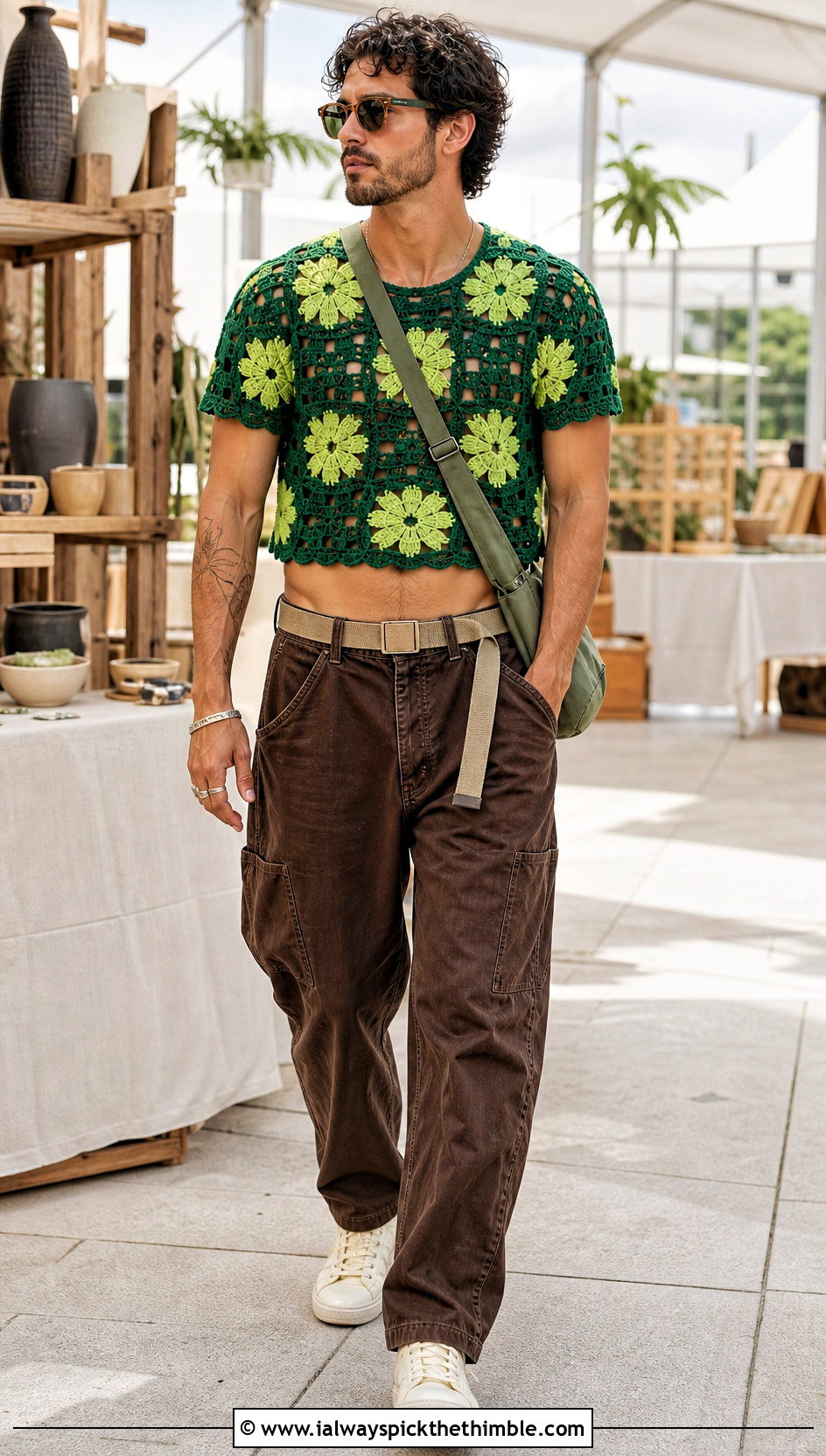 Mens Floral Crochet Crop Top With Workwear Pants - 20 Men Crochet Crop Top outfit ideas