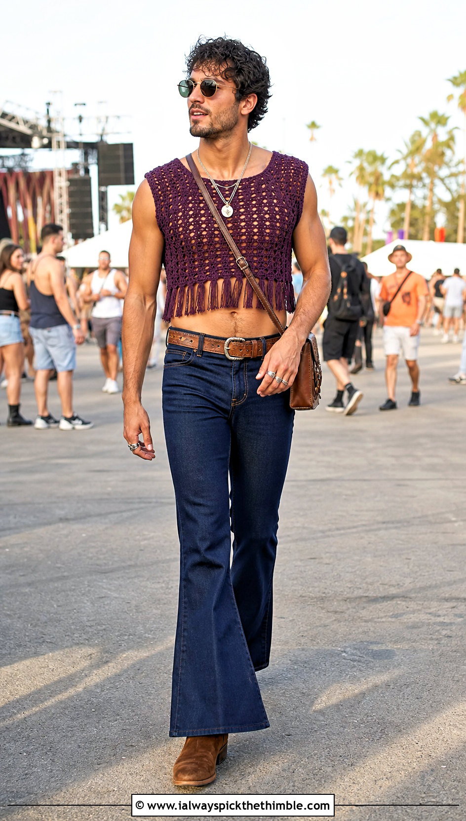 Mens Fringe Crochet Crop Top With Flared Jeans - 20 Men Crochet Crop Top outfit ideas