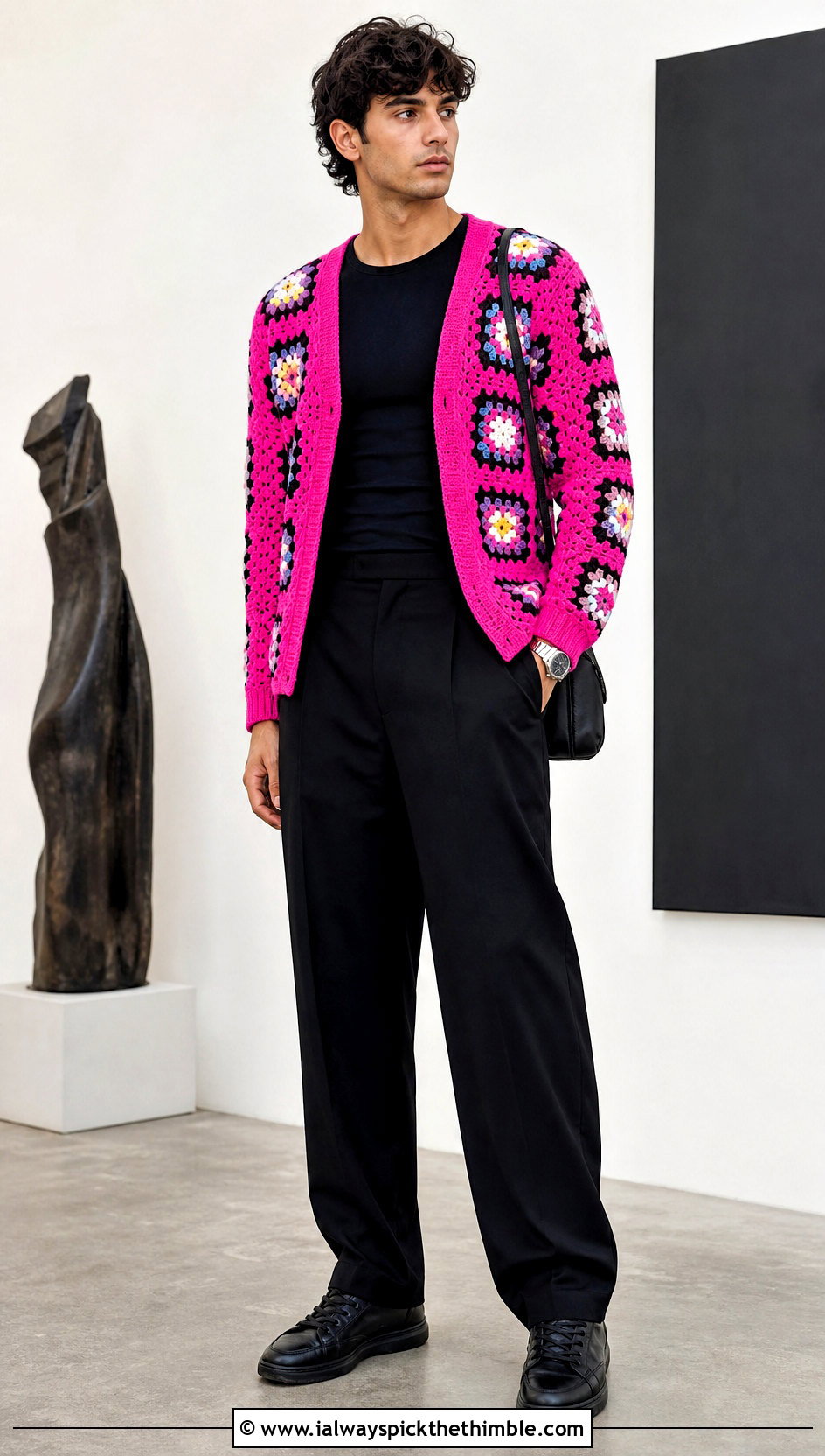 Mens Granny Square Cardigan With Black T Shirt And Trousers - 20 Mens Granny Square Sweater outfit ideas
