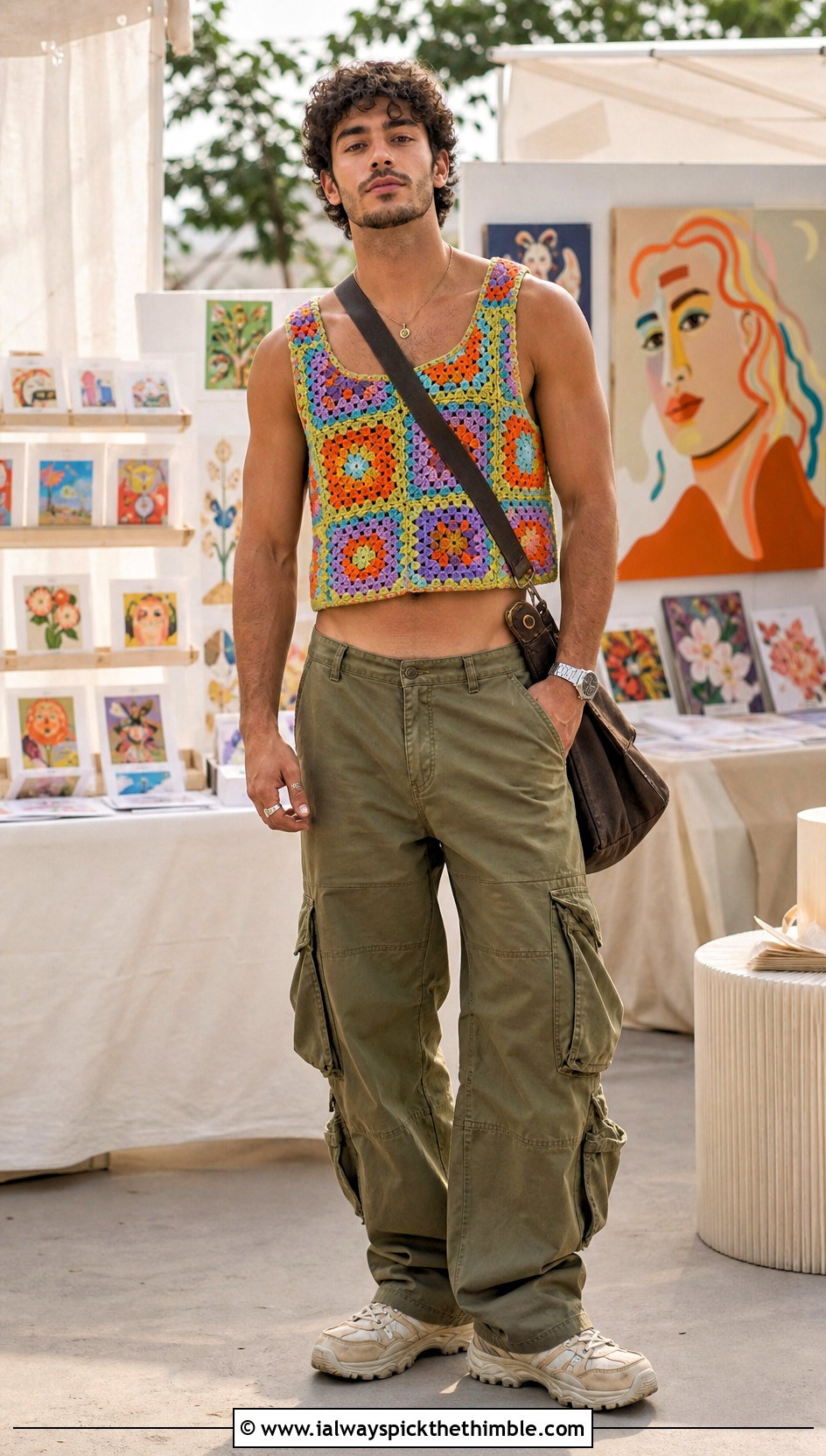 Mens Granny Square Crochet Crop Top With Cargo Pants - 20 Men Crochet Crop Top outfit ideas