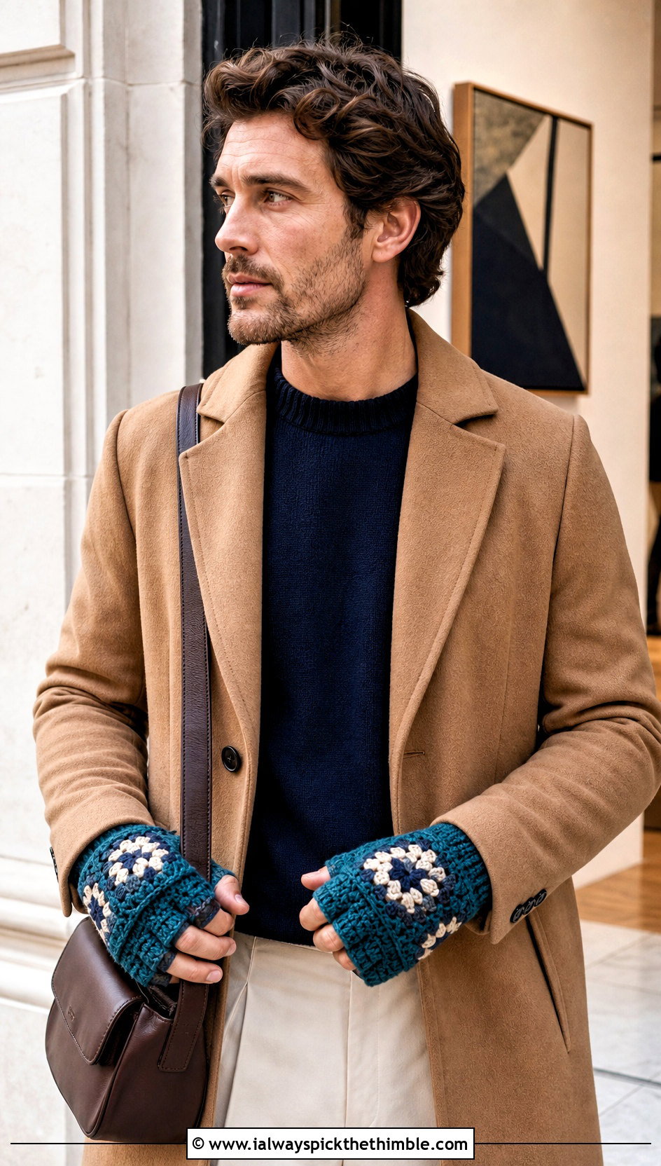Mens Granny Square Fingerless Crochet Gloves With Camel Coat - 20 men's crochet gloves outfit ideas