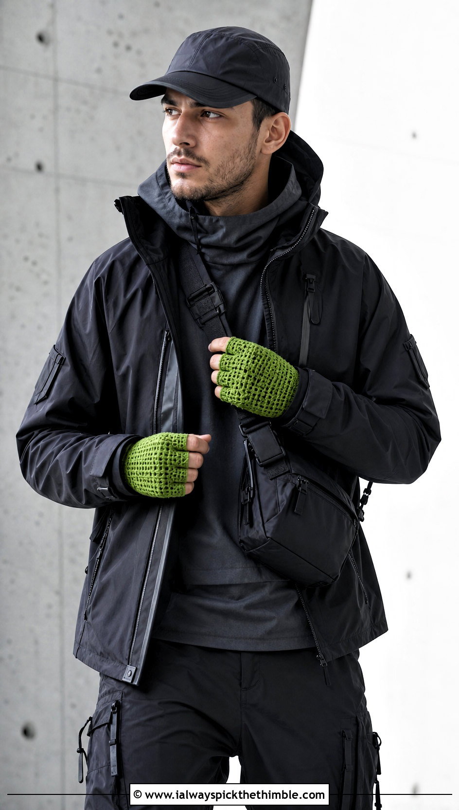 Mens Half Finger Crochet Gloves With Techwear Outfit - 20 men's crochet gloves outfit ideas