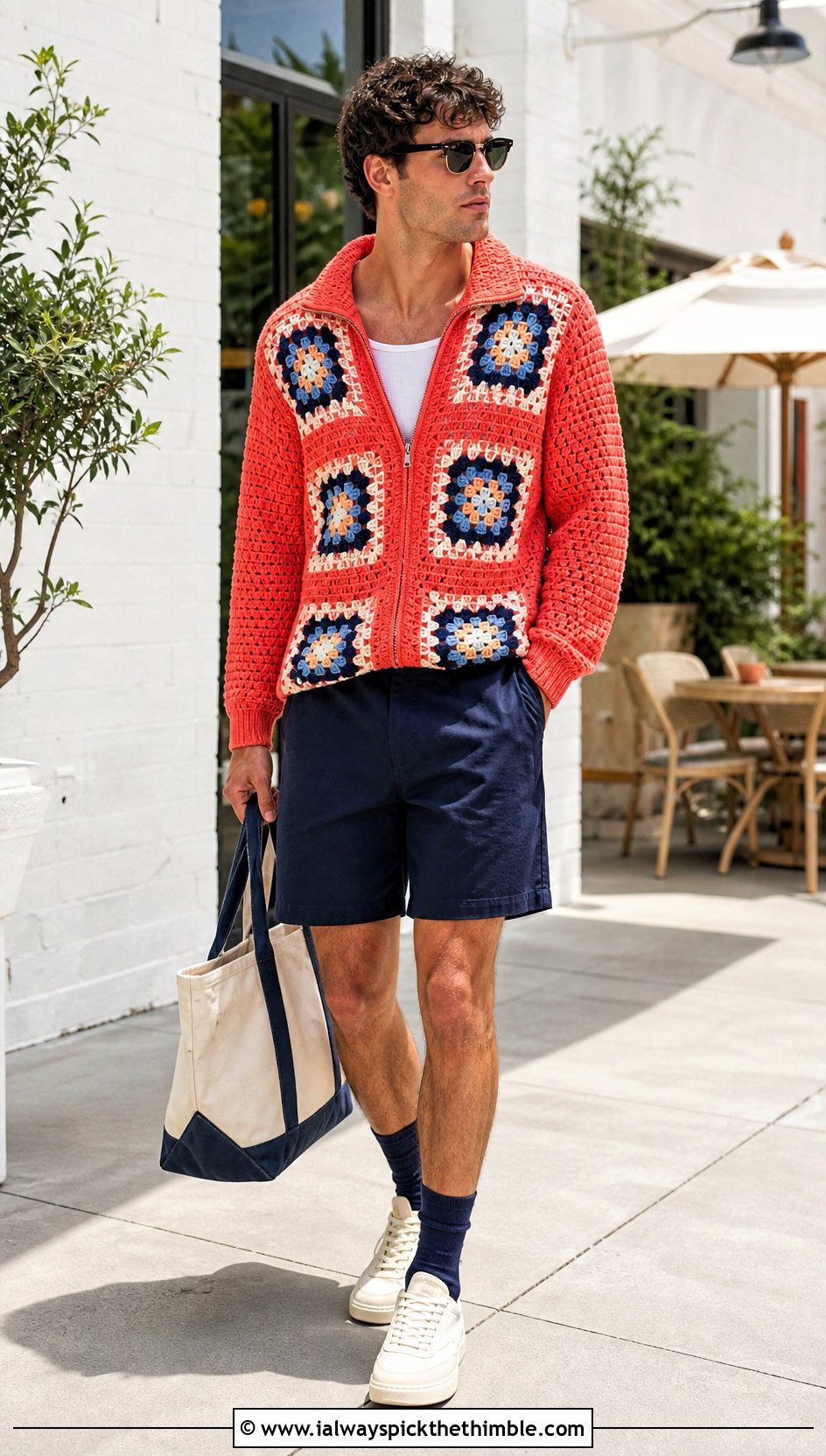 Mens Half Zip Granny Square Sweater With Tailored Shorts - 20 Mens Granny Square Sweater outfit ideas