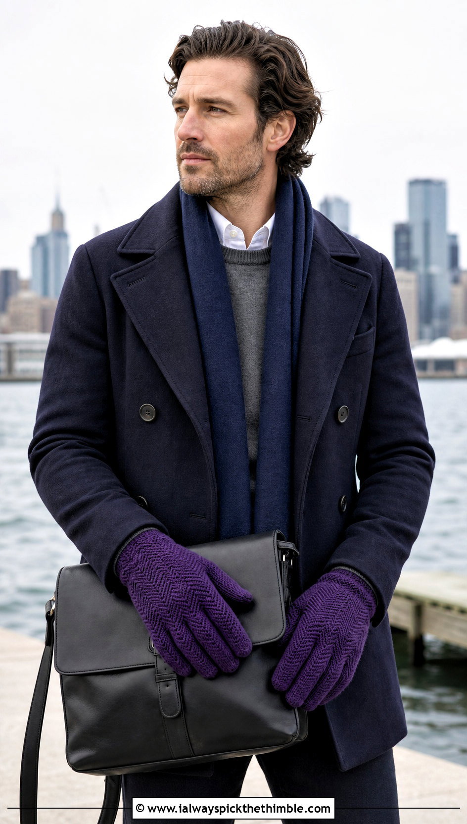 Mens Herringbone Crochet Gloves With Peacoat - 20 men's crochet gloves outfit ideas