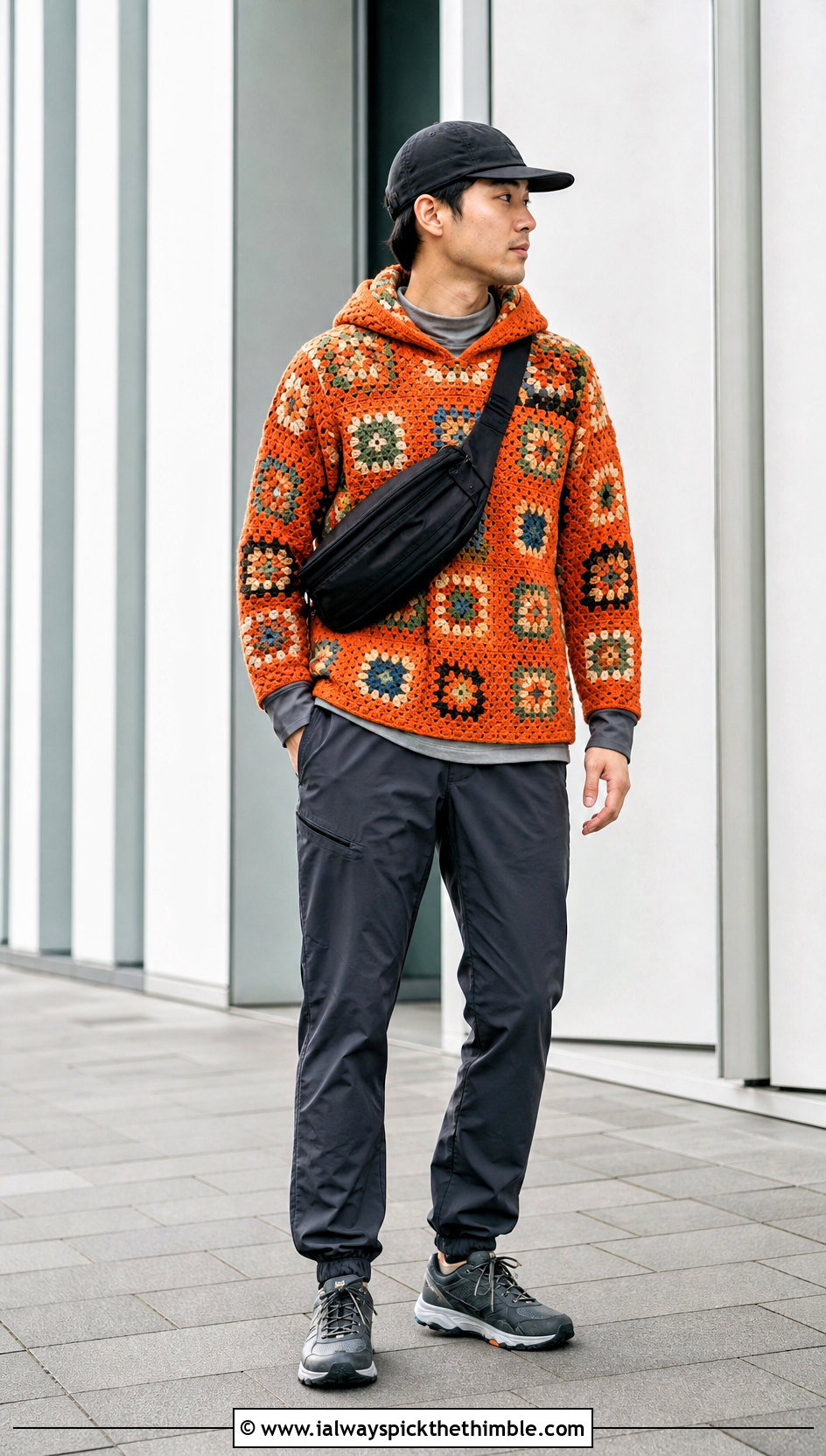 Mens Hooded Granny Square Sweater With Technical Pants - 20 Mens Granny Square Sweater outfit ideas