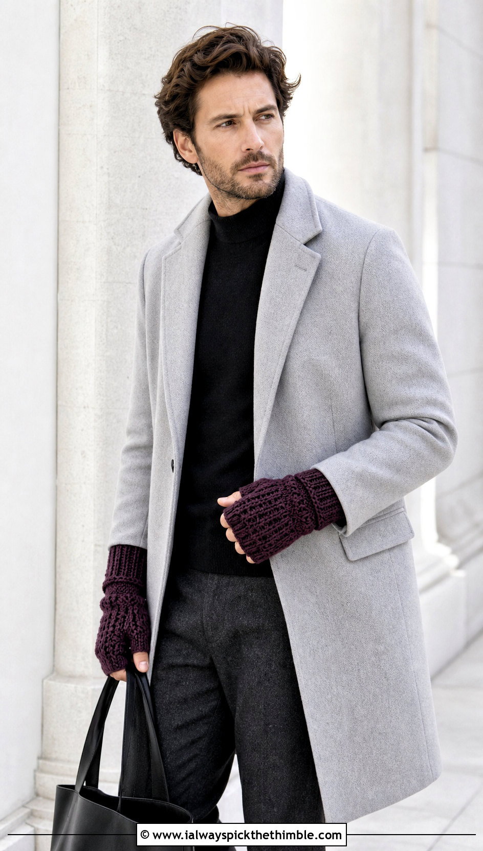 Mens Long Gauntlet Crochet Gloves With Minimalist Coat - 20 men's crochet gloves outfit ideas