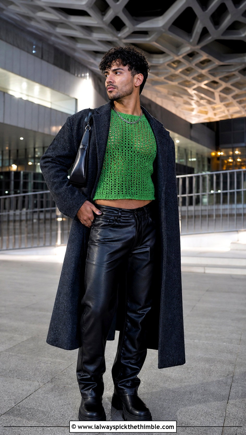 Mens Long Sleeve Crochet Crop Top With Leather Pants - 20 Men Crochet Crop Top outfit ideas