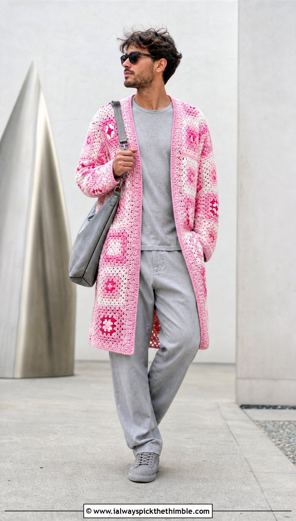 Mens Longline Granny Square Cardigan With Gray Separates - 20 Mens Granny Square Sweater outfit ideas