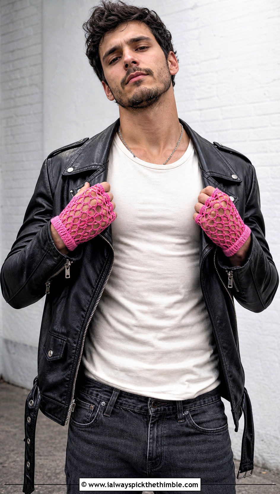 Mens Mesh Fingerless Crochet Gloves With Leather Jacket - 20 men's crochet gloves outfit ideas
