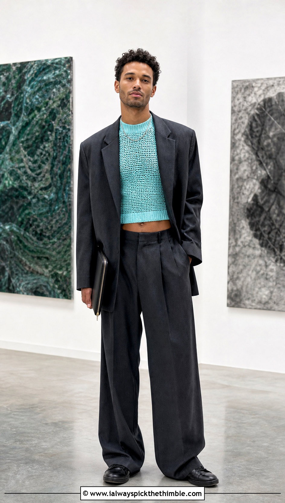 Mens Mock Neck Crochet Crop Top With Wide Leg Suit - 20 Men Crochet Crop Top outfit ideas