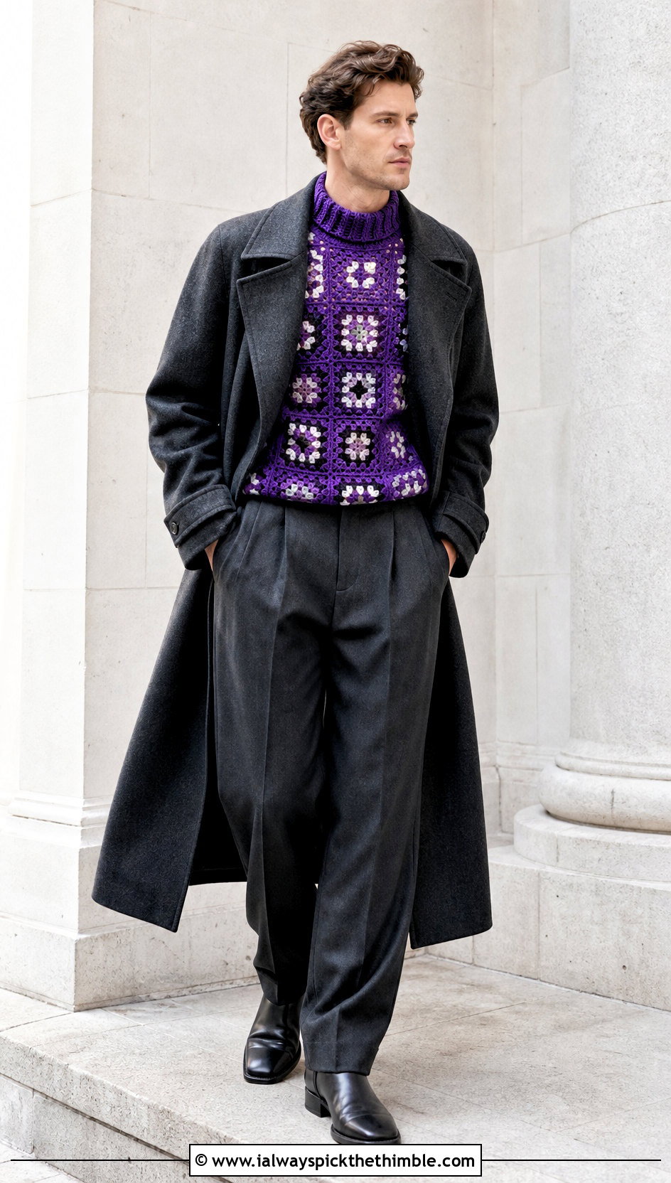 Mens Mock Neck Granny Square Sweater With Pleated Pants - 20 Mens Granny Square Sweater outfit ideas