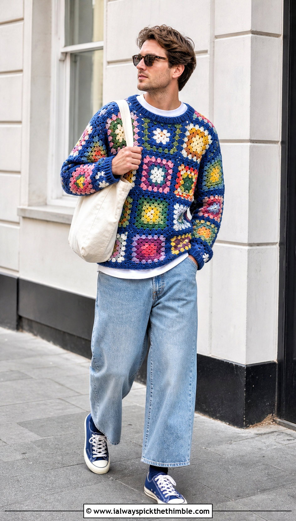 Mens Multicolor Crewneck Granny Square Sweater With Wide Leg Jeans - 20 Mens Granny Square Sweater outfit ideas