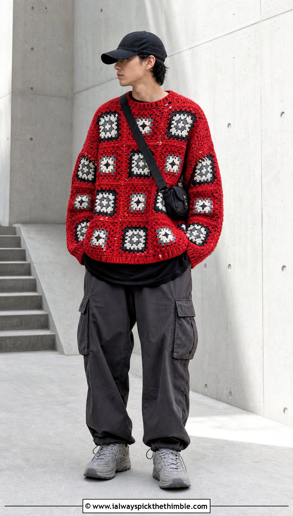 Mens Oversized Granny Square Pullover With Cargo Pants - 20 Mens Granny Square Sweater outfit ideas