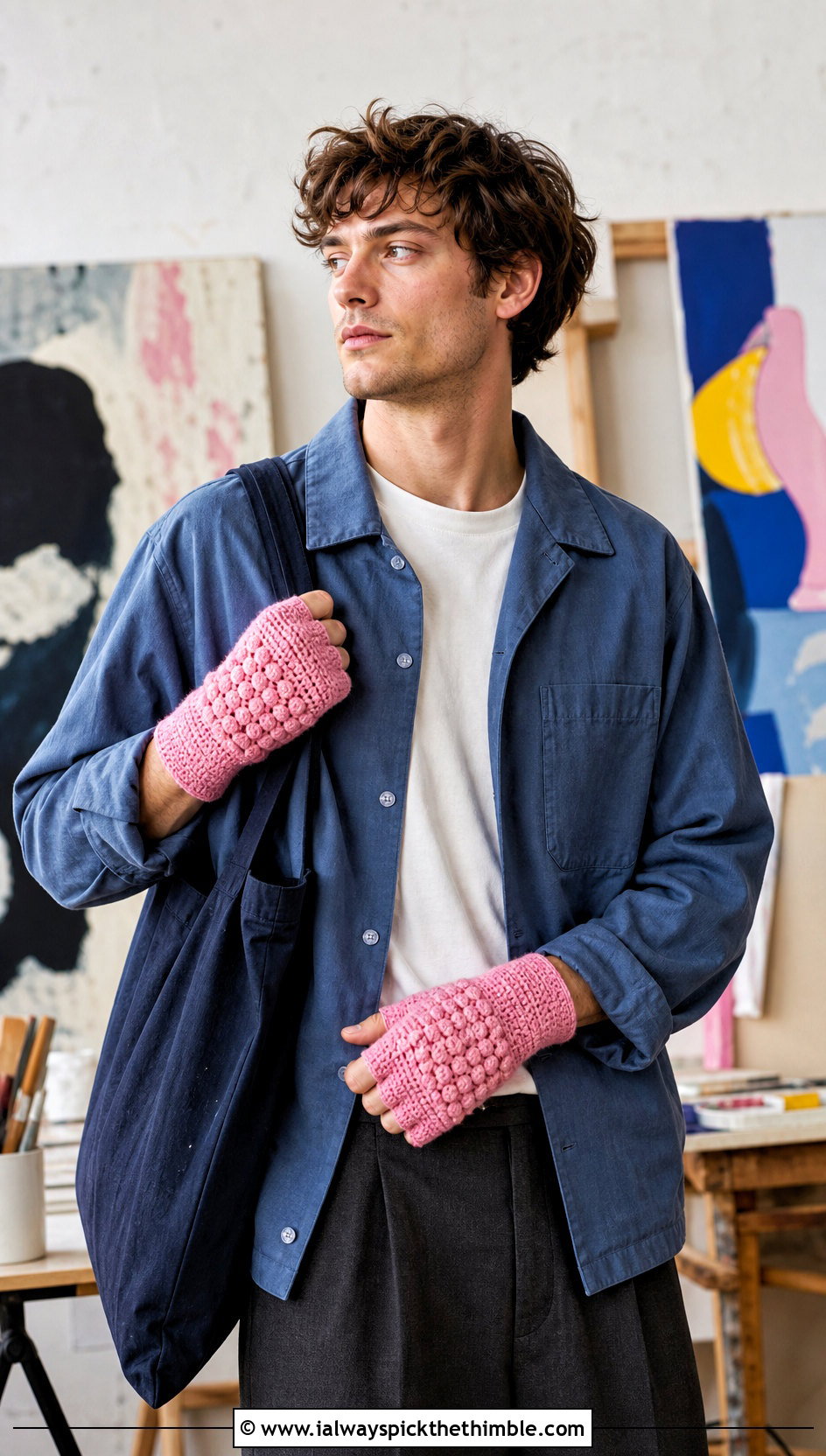 Mens Puff Stitch Fingerless Crochet Gloves With Artist Outfit - 20 men's crochet gloves outfit ideas