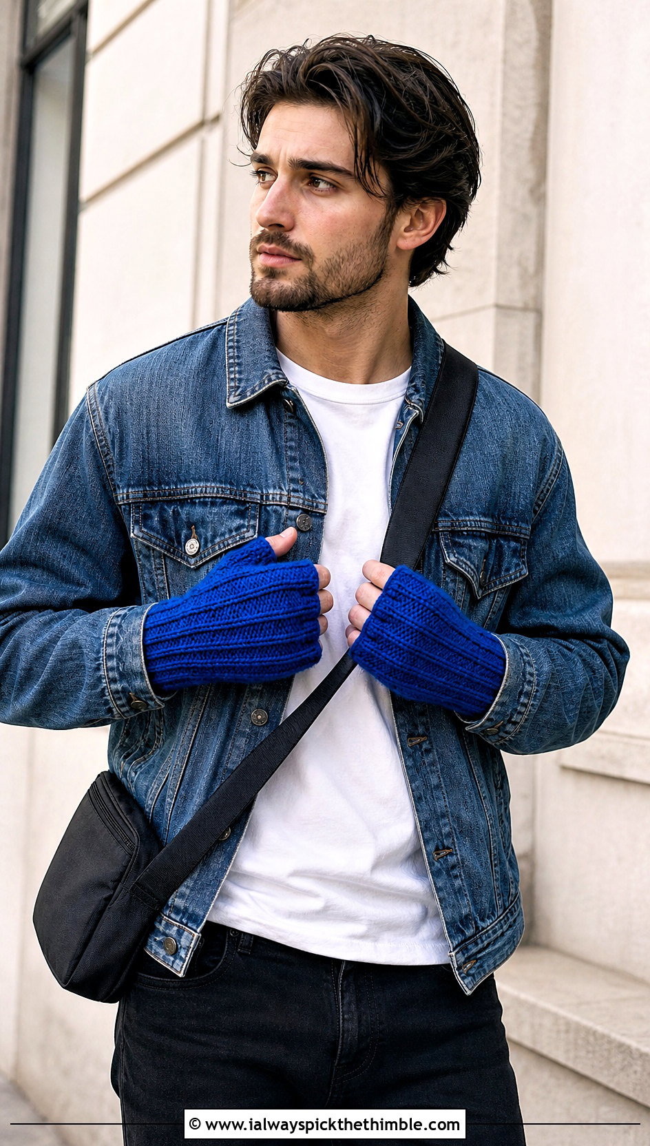 Mens Ribbed Fingerless Crochet Gloves With Denim Jacket - 20 men's crochet gloves outfit ideas