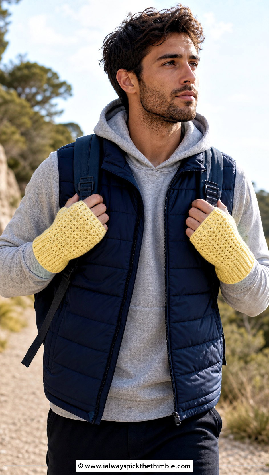 Mens Ribbed Thumbhole Crochet Hand Warmers With Puffer Vest - 20 men's crochet gloves outfit ideas