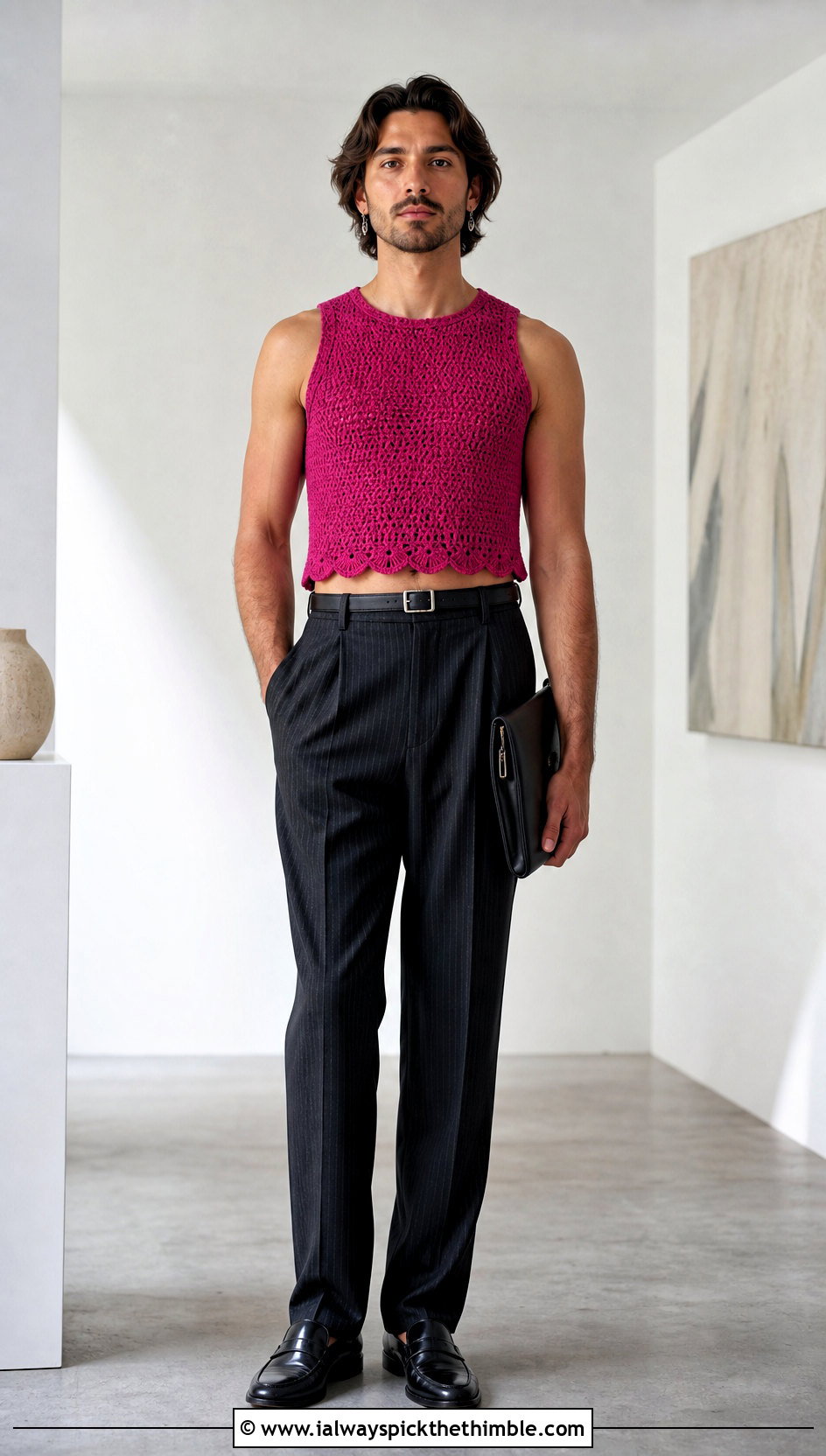 Mens Scalloped Crochet Crop Top With Pinstripe Pants - 20 Men Crochet Crop Top outfit ideas