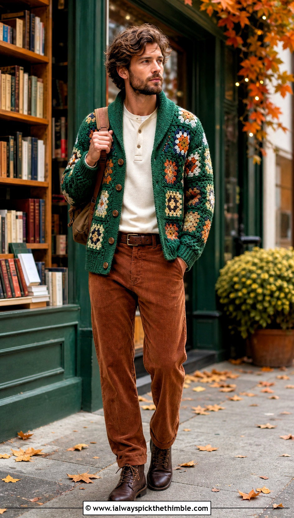 Mens Shawl Collar Granny Square Cardigan With Corduroy Pants - 20 Mens Granny Square Sweater outfit ideas