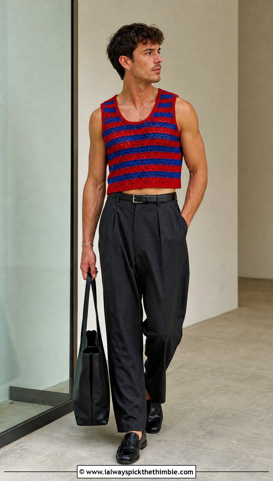 Mens Striped Crochet Crop Top With Pleated Trousers - 20 Men Crochet Crop Top outfit ideas