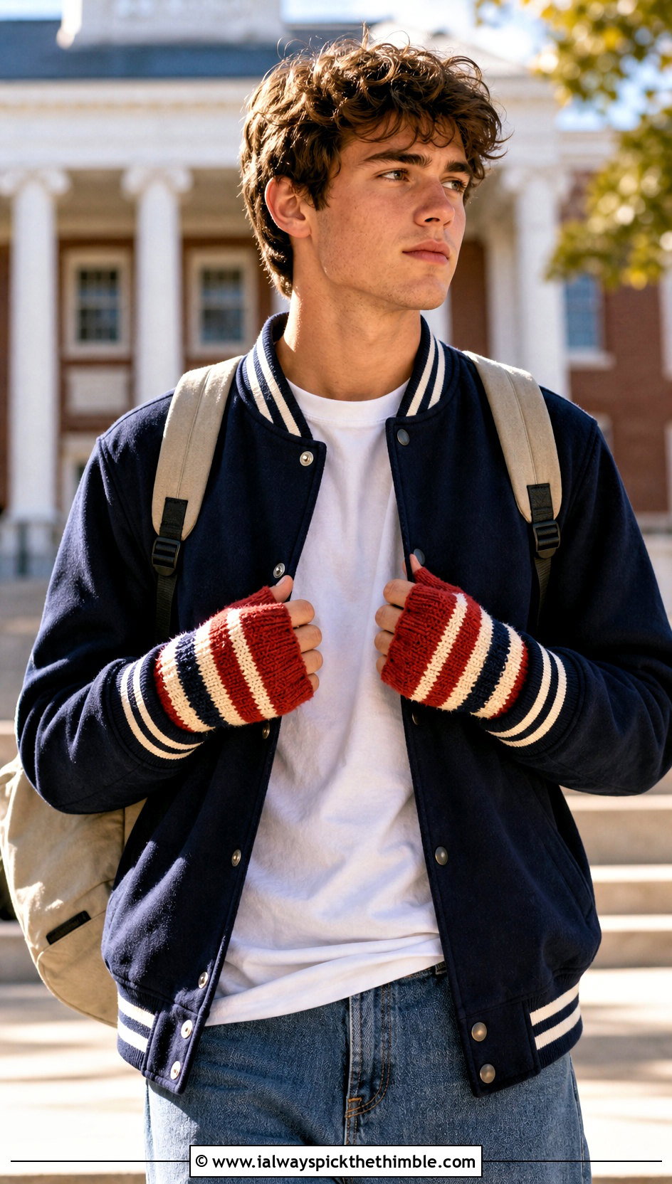 Mens Striped Crochet Gloves With Varsity Jacket - 20 men's crochet gloves outfit ideas