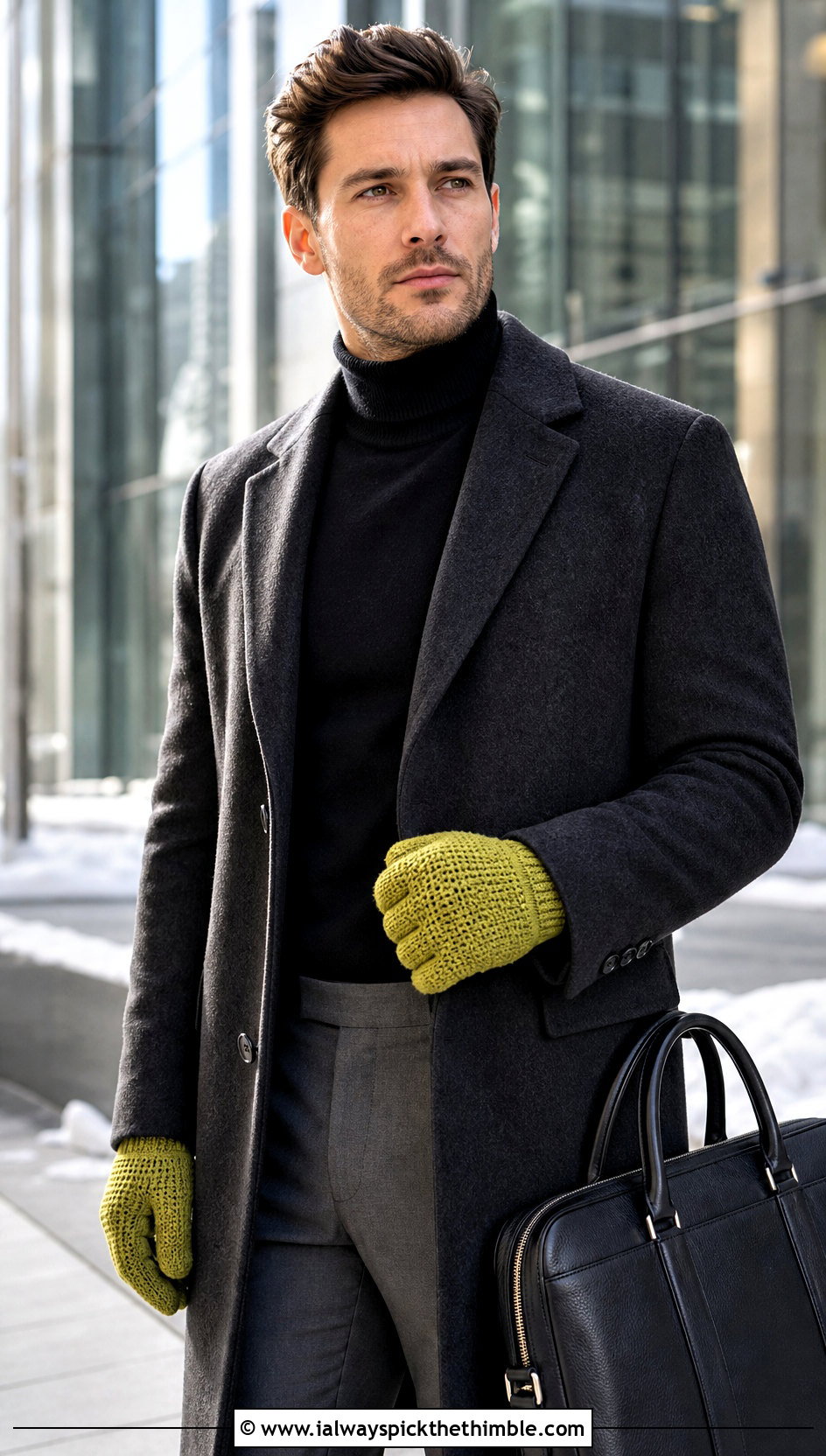 Mens Thermal Stitch Crochet Gloves With Wool Overcoat - 20 men's crochet gloves outfit ideas