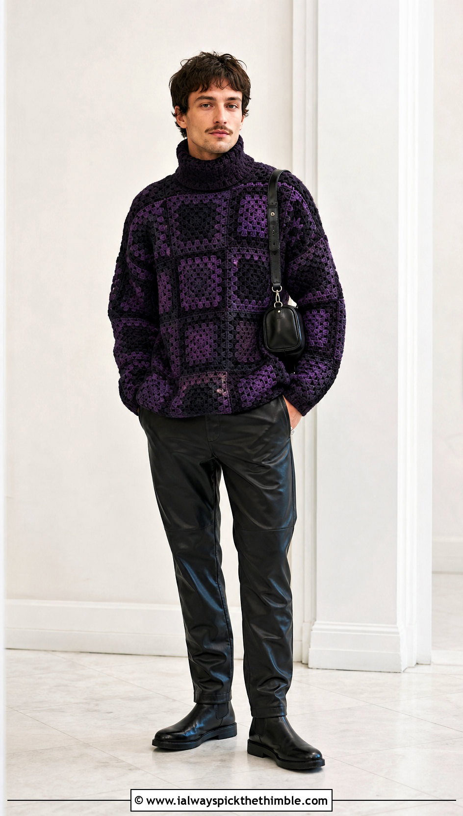 Mens Turtleneck Granny Square Sweater With Leather Pants - 20 Mens Granny Square Sweater outfit ideas