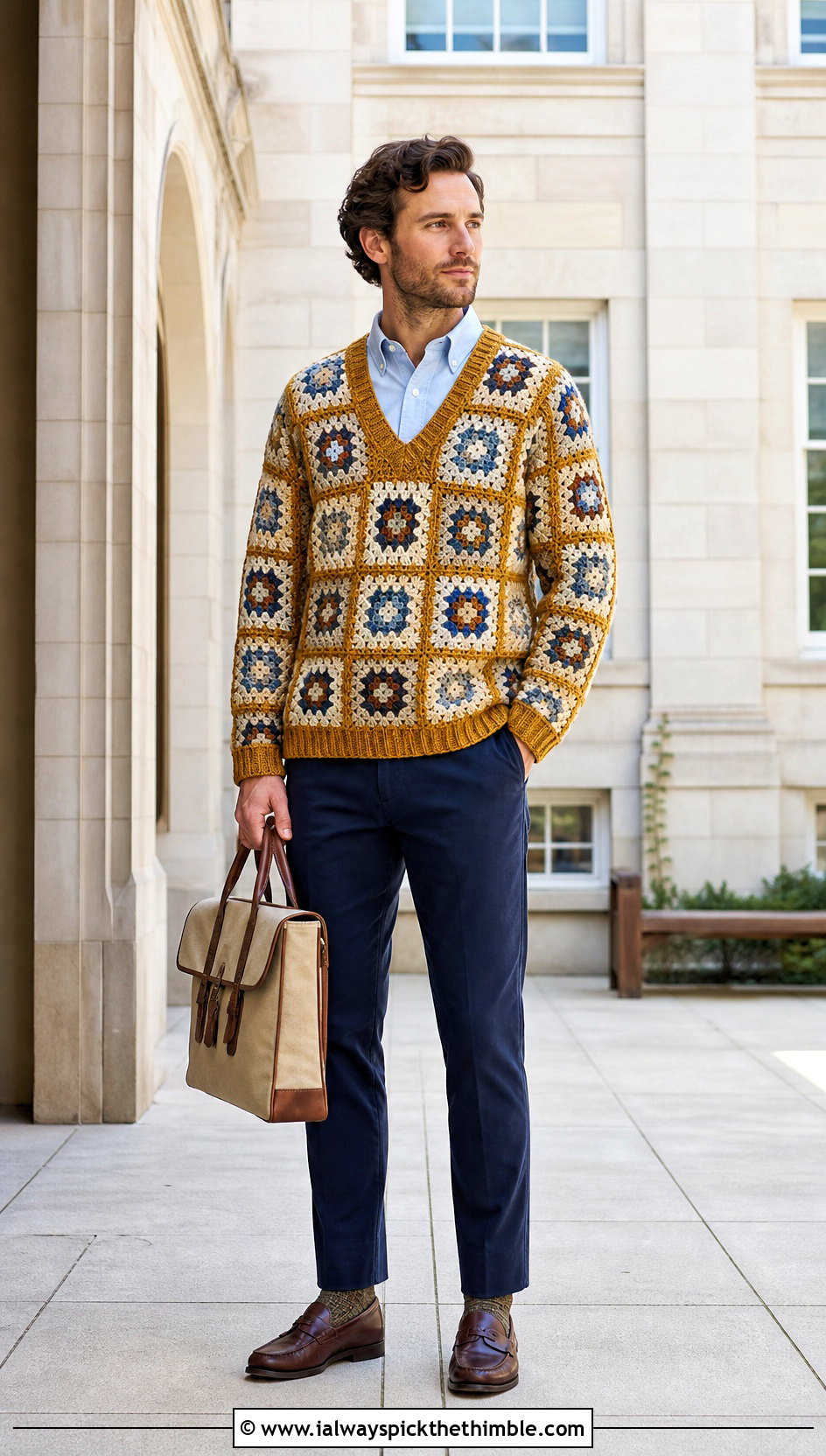 Mens V Neck Granny Square Sweater With Oxford Shirt - 20 Mens Granny Square Sweater outfit ideas