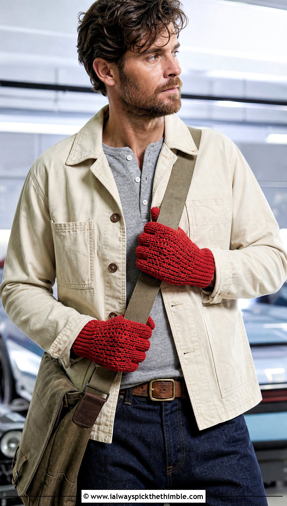 Mens Waffle Stitch Crochet Gloves With Workwear Jacket - 20 men's crochet gloves outfit ideas