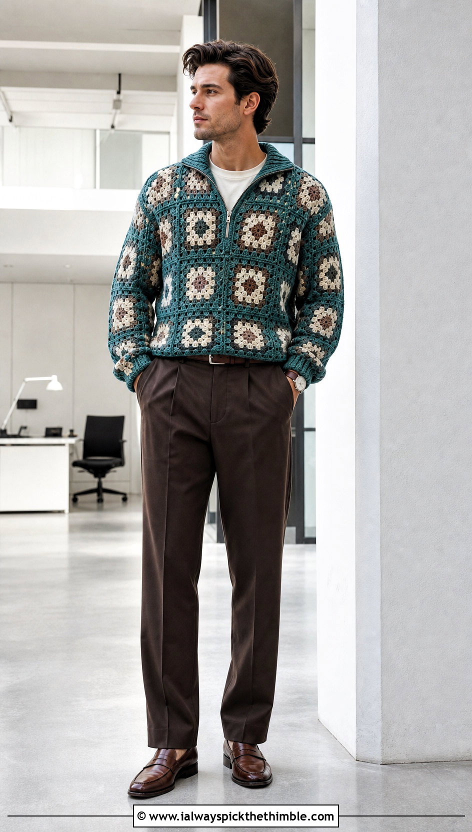 Mens Zip Neck Granny Square Sweater With Tailored Trousers - 20 Mens Granny Square Sweater outfit ideas