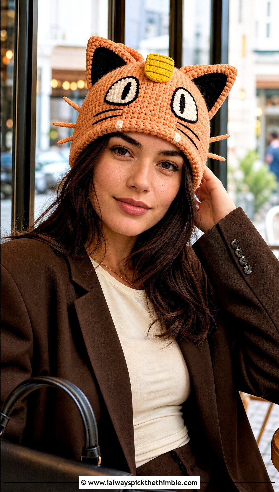 Meowth Coin Beanie With Tailored Blazer - 20 crochet pokemon beanie outfit ideas
