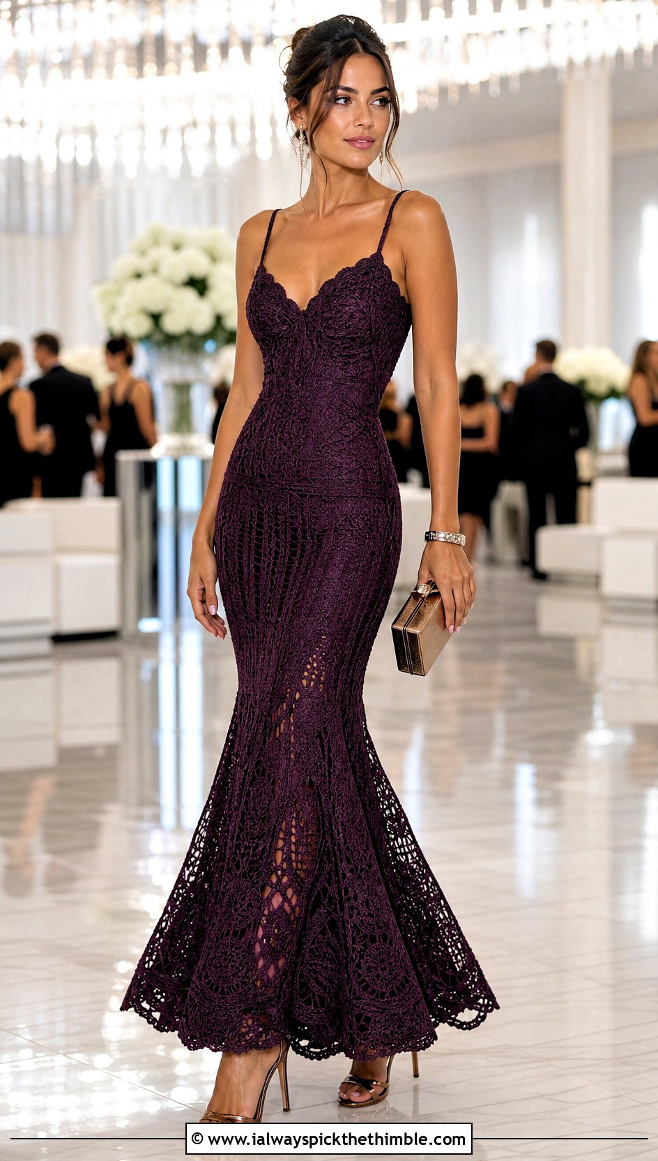 Mermaid Crochet Gown With Box Clutch - 25 crochet gown for ladies outfit ideas