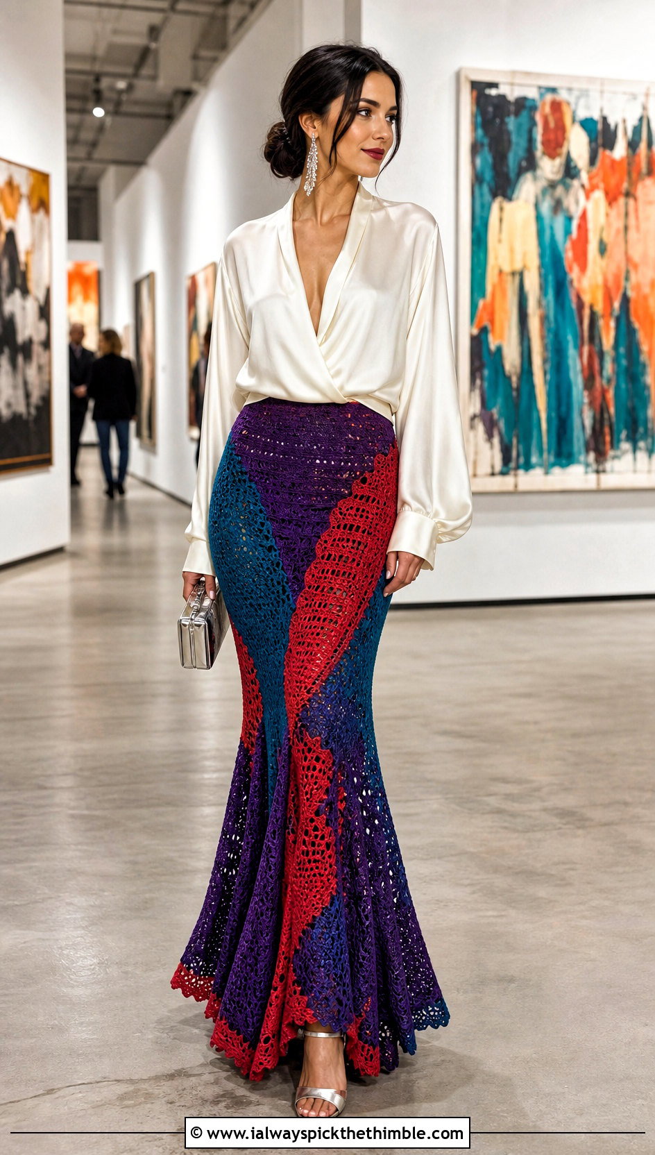 Mermaid Crochet Patchwork Maxi Skirt With Silk Blouse - 20 crochet patchwork skirt outfit ideas