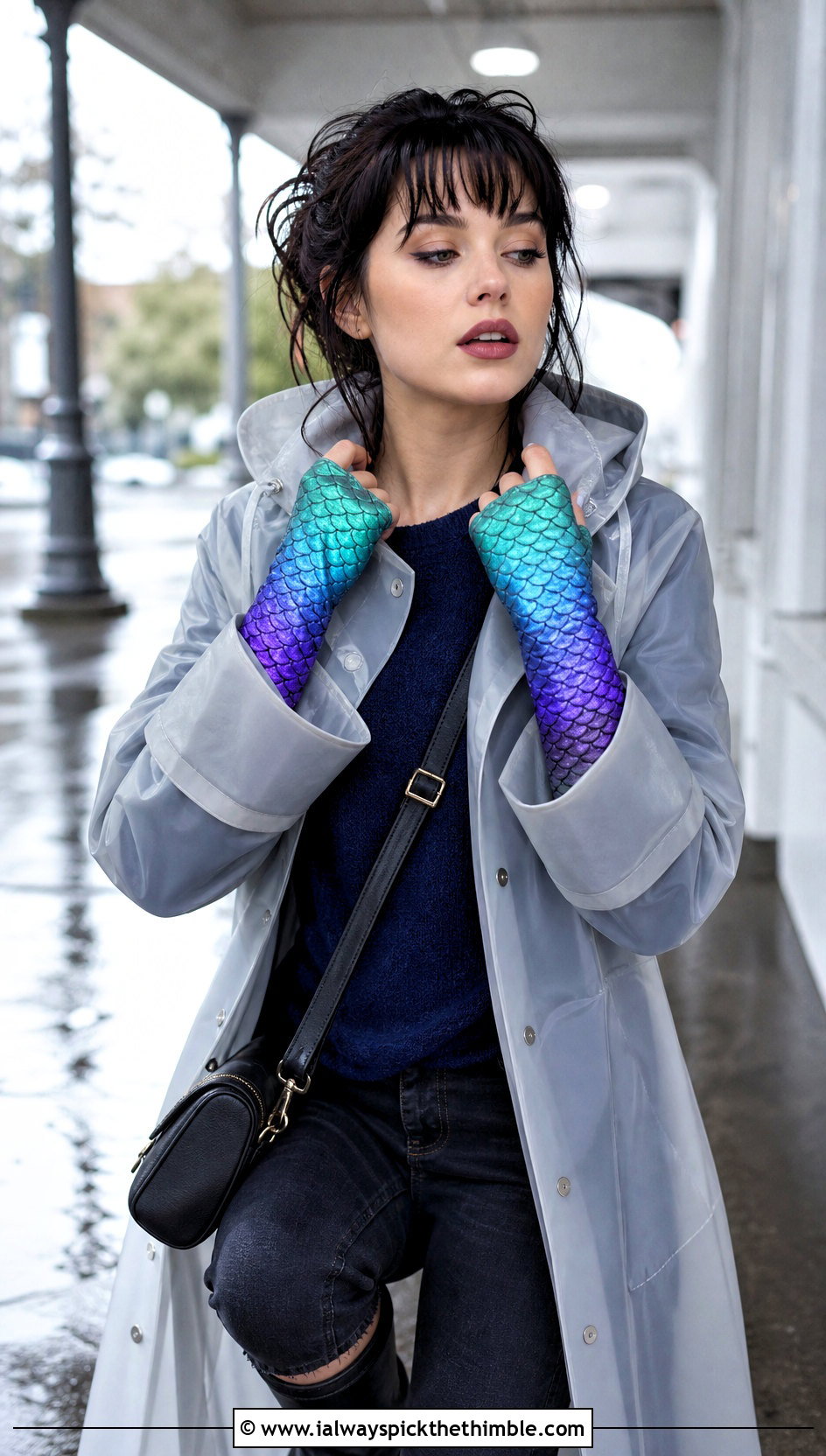 Mermaid Gradient Dragon Scale Gloves With Raincoat And Boots - 20 dragon scale crochet gloves outfit ideas