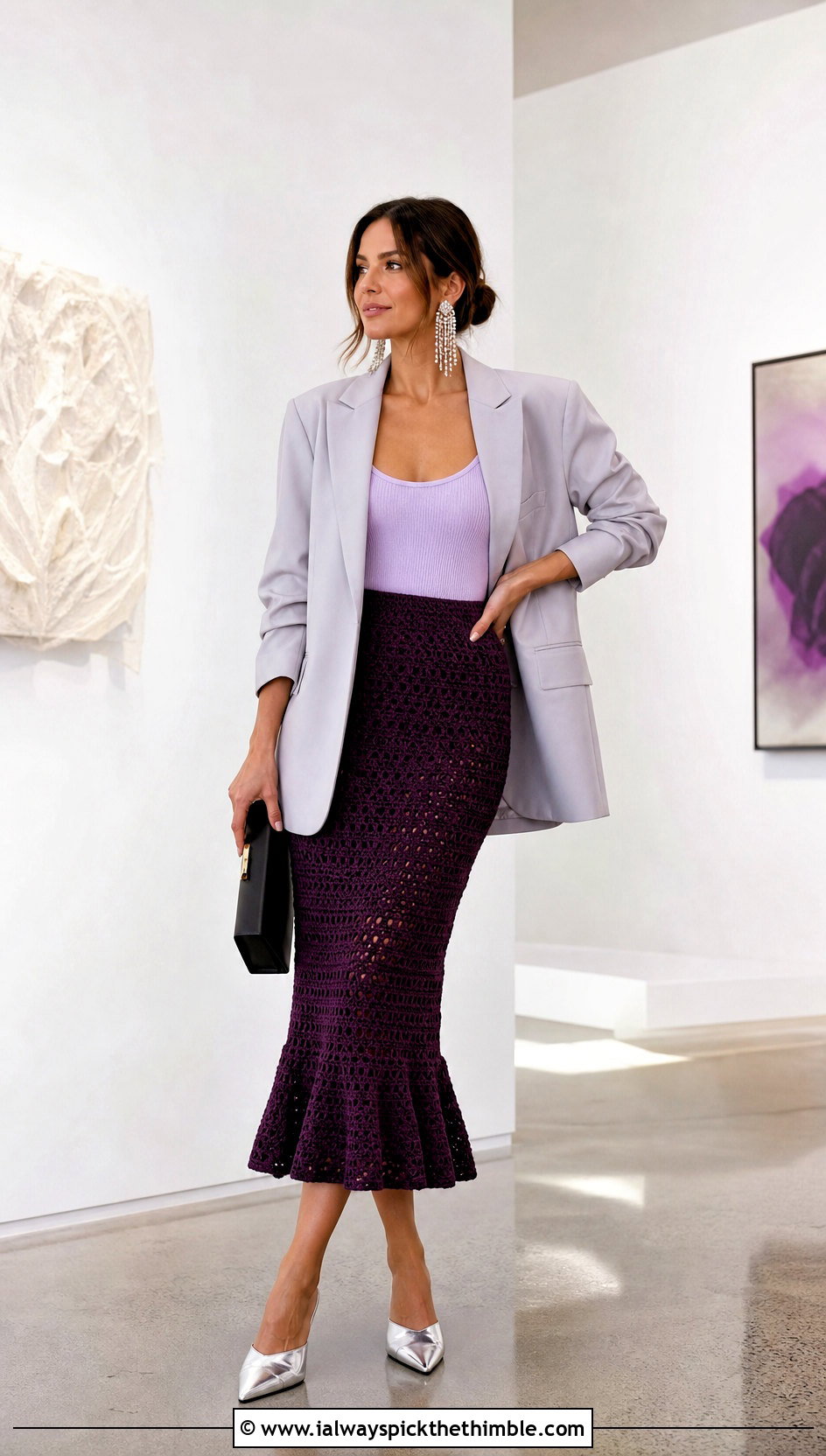 Mermaid Midi Crochet Skirt With Oversized Blazer - 20 midi crochet skirt outfit ideas