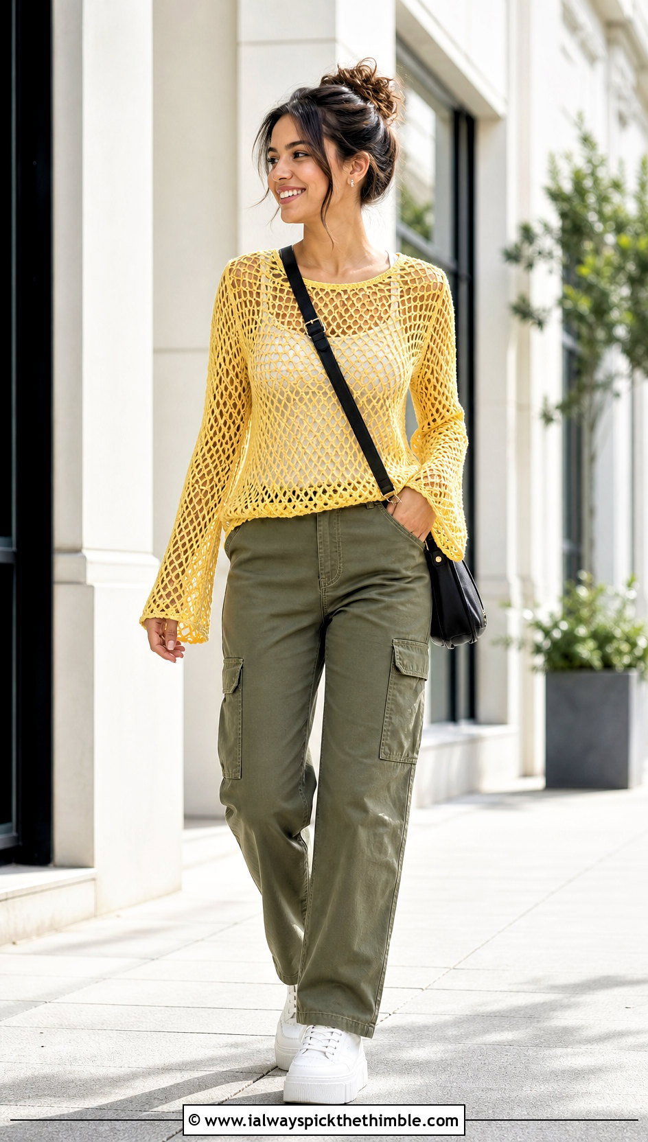 Mesh Bell Sleeve Crochet Cotton Sweater With Cargo Pants - 20 Crochet Cotton Sweater outfit ideas