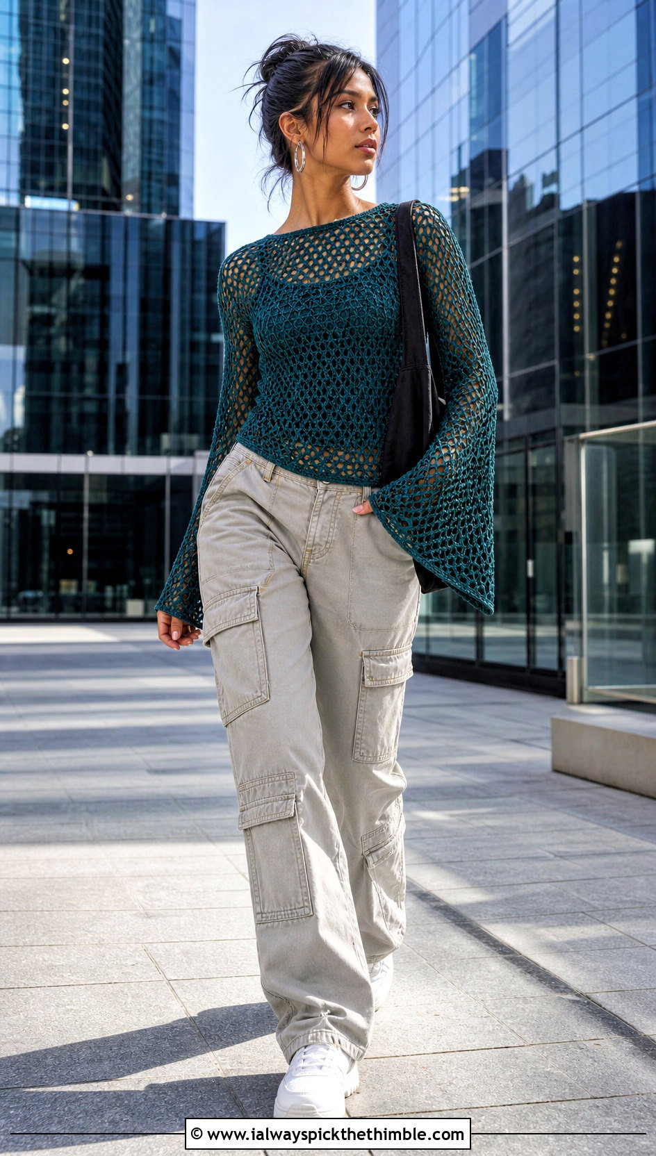 Mesh Bell Sleeve Crochet Top With Cargo Pants - 25 hippie crochet top outfit ideas