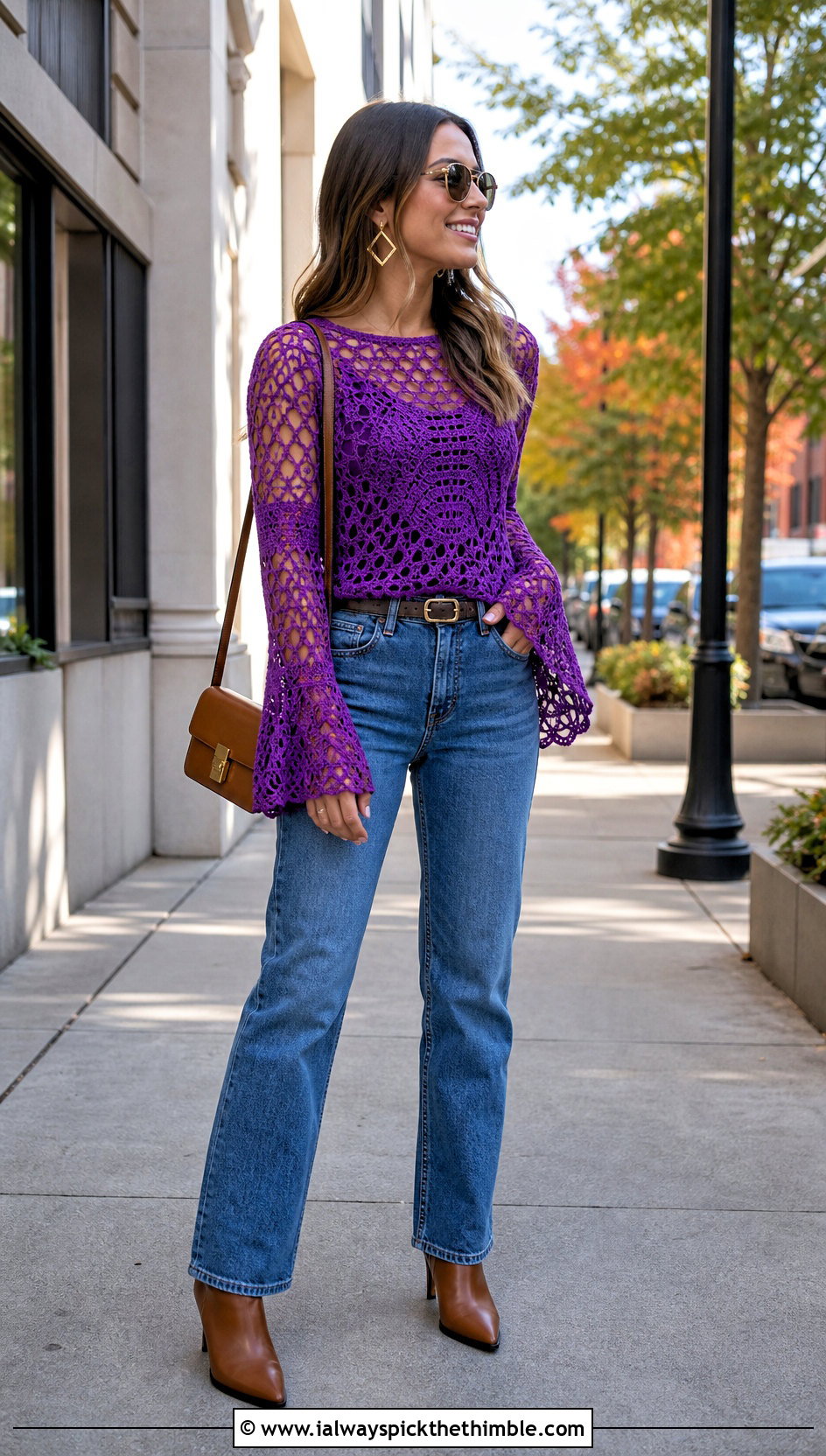 Mesh Bell Sleeve Crochet Top With Straight Jeans - 20 70S Inspired Crochet Top outfit ideas