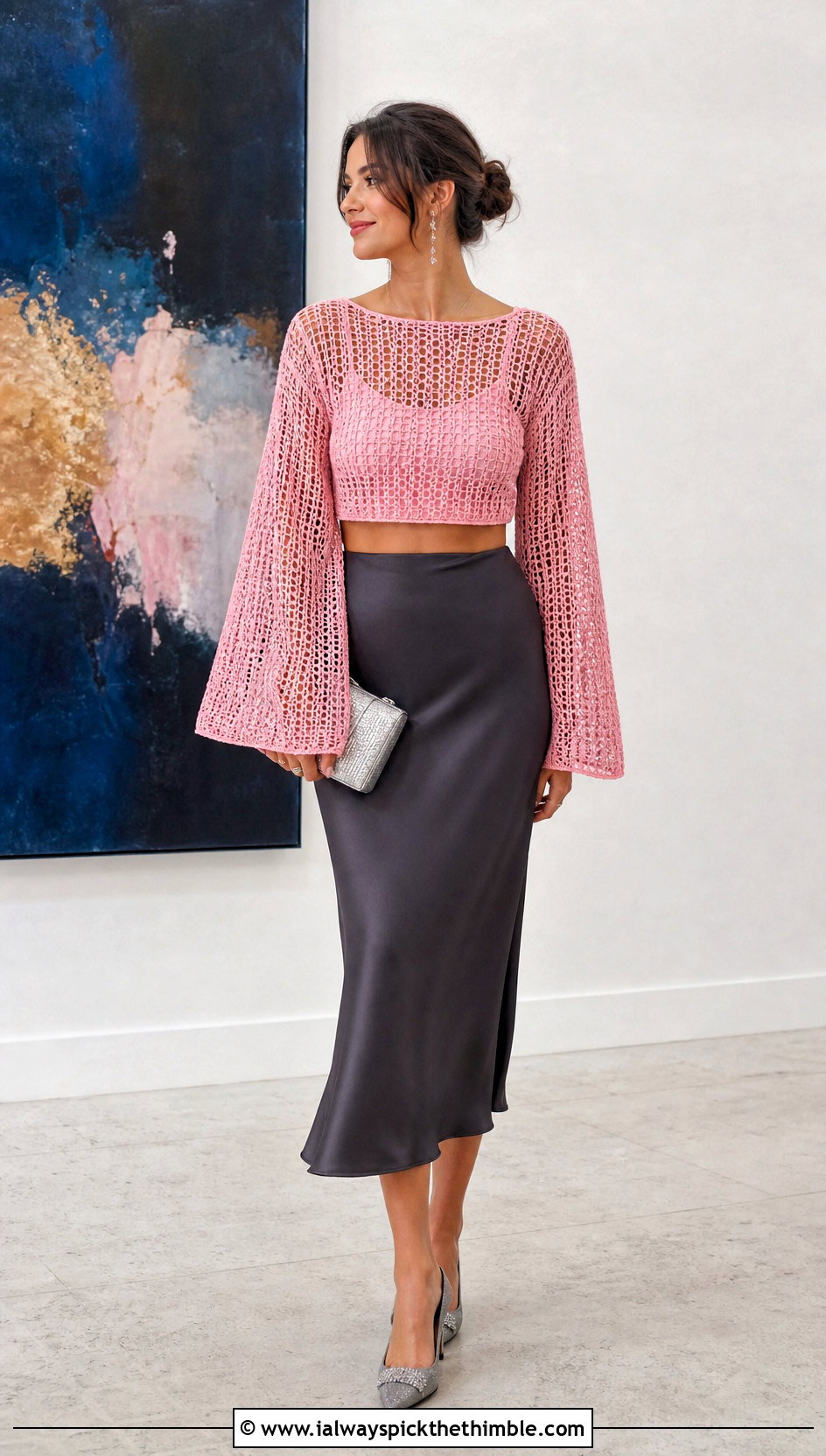 Mesh Bell Sleeve Cropped Crochet Sweater With Satin Skirt - 20 crocheted cropped sweater outfit ideas
