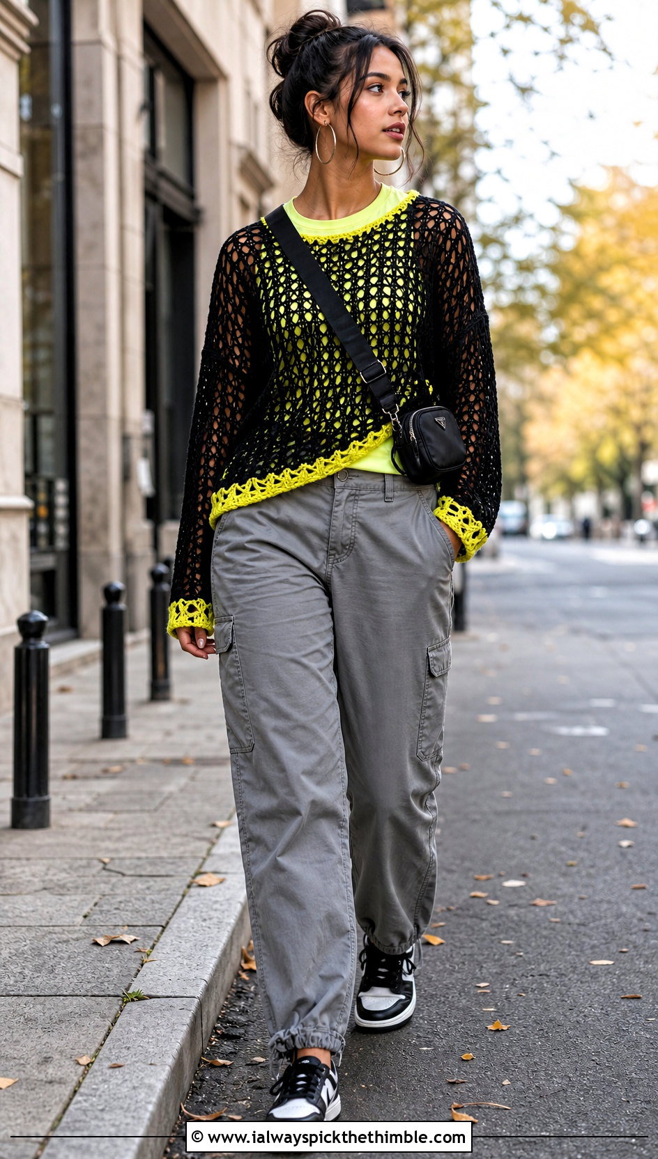 Mesh Black Crochet Sweater With Cargo Pants - 15 black crochet sweater fall fashion and outfit ideas