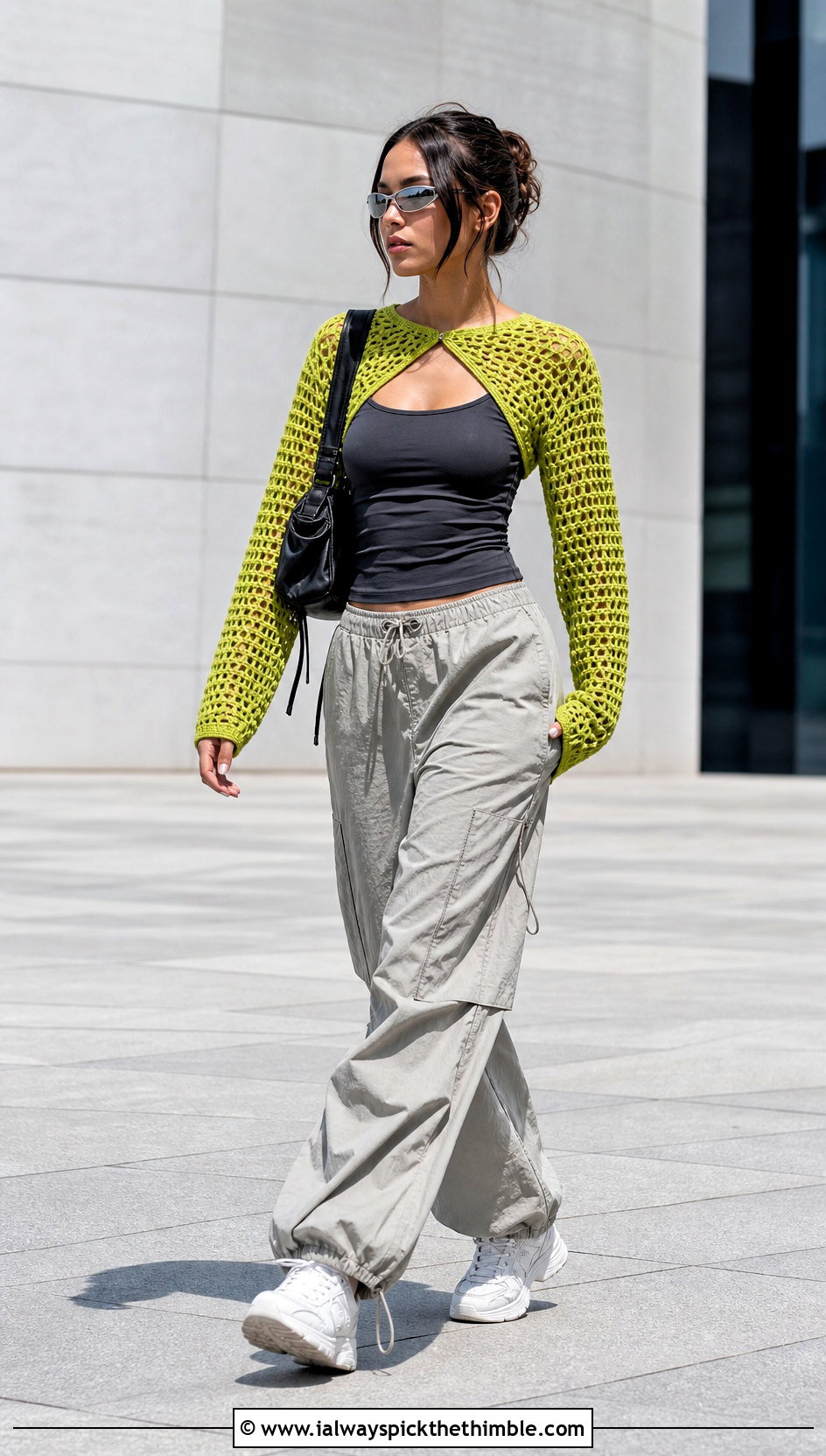 Mesh Bolero Mini Crochet Cardigan With Cargo Pants - 25 mini crochet cardigan outfit ideas