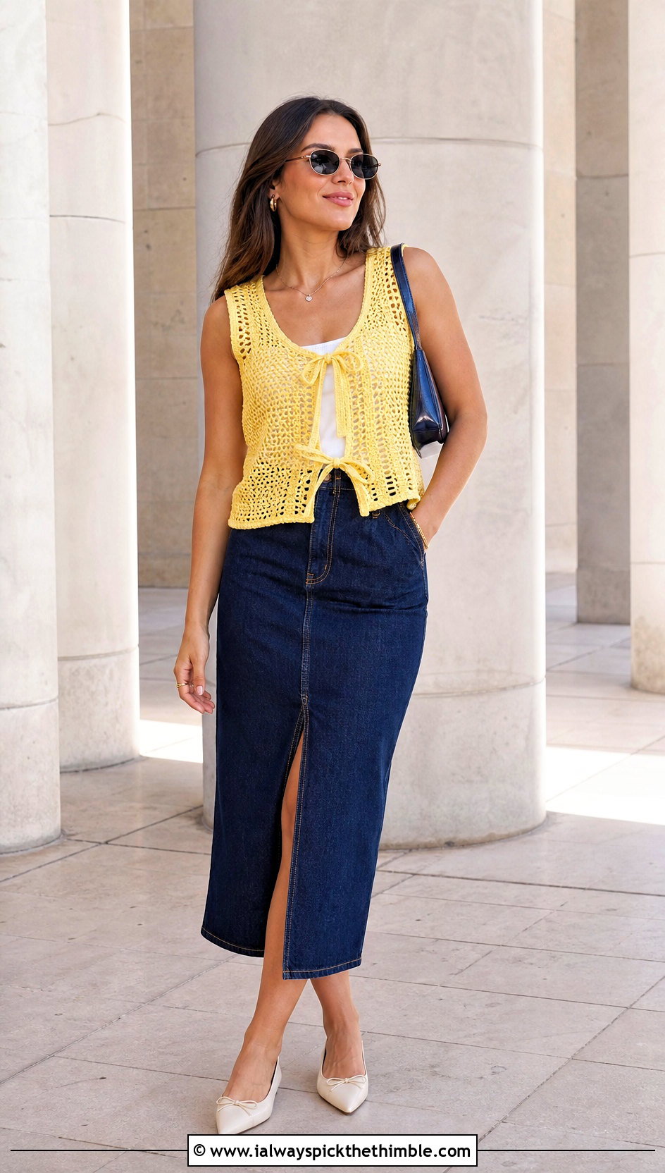 Mesh Bow Tie Crochet Top With Denim Midi Skirt - 20 crochet bow top outfit ideas