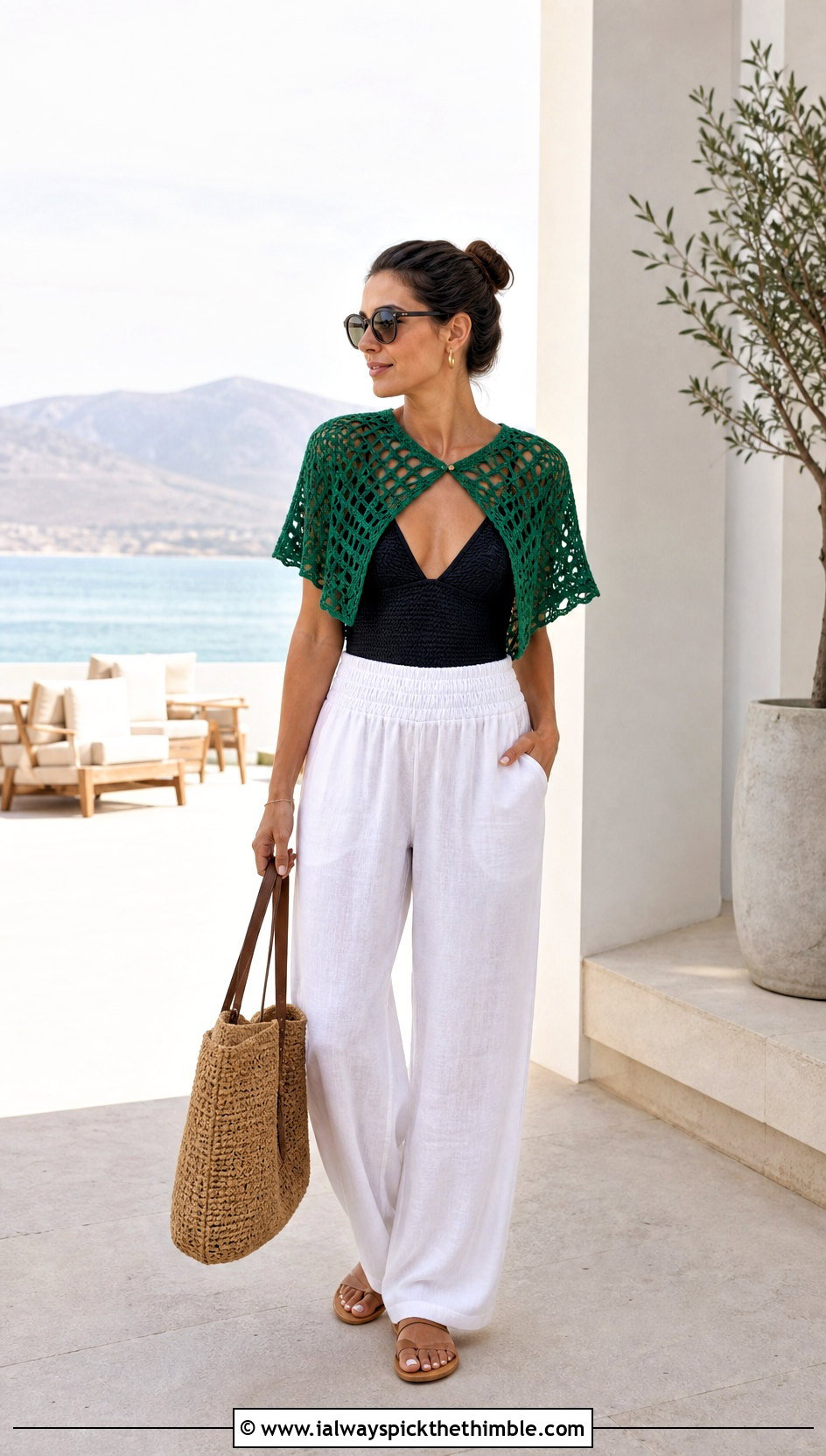 Mesh Capelet With Swimsuit And Linen Pants - 15 Outlander Crochet Capelet outfit ideas